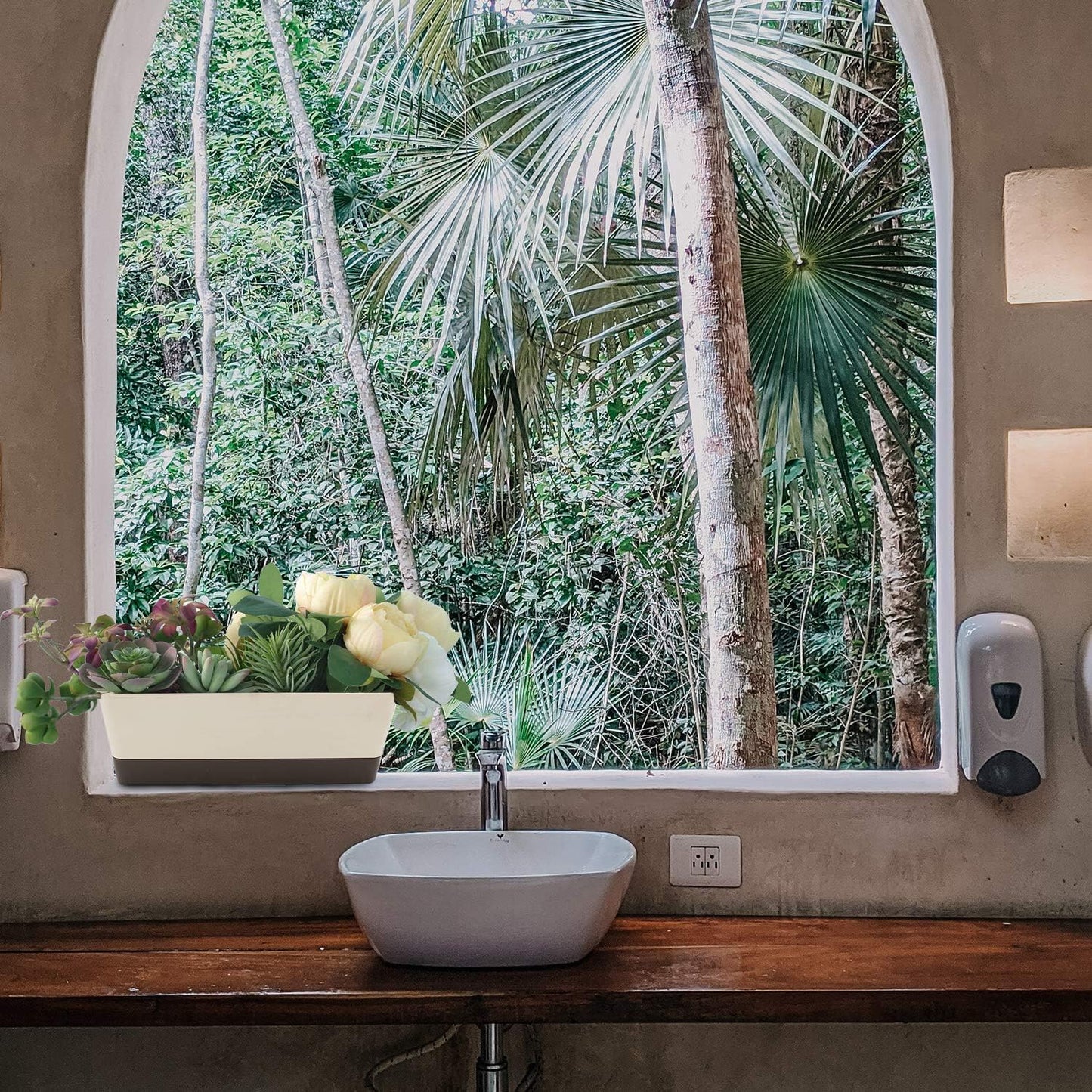 Lainrrew 3 Pack Window Box Planters, 12 Inches Rectangular Planter Plastic Flower Box Plant Pots Plant Containers with Tray for Balcony, Windowsill, Garden, Home Office Outdoor Decoration (Coffee)