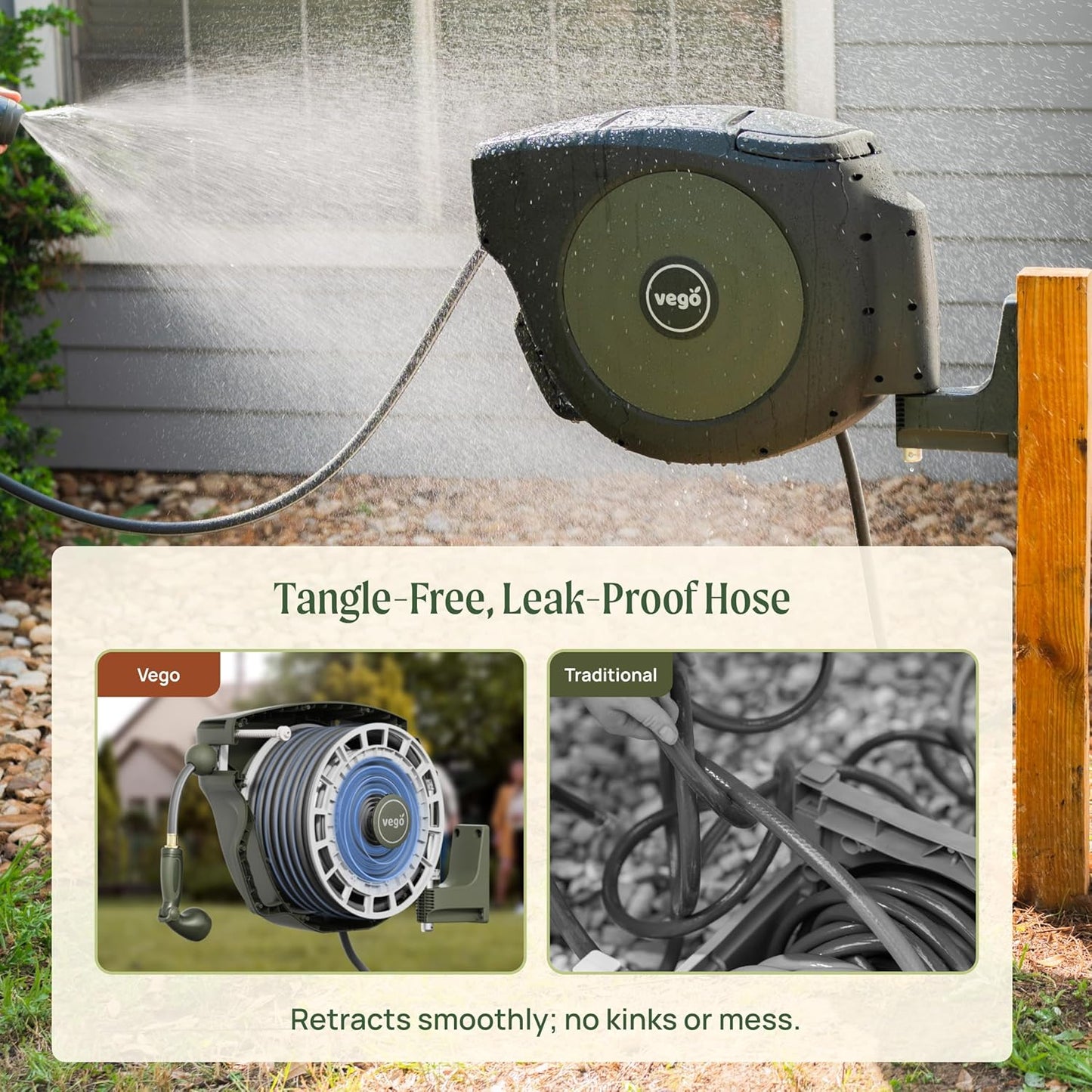 Vego Garden Hose Reel Retractable Hi-Flow x 100ft Wall Mounted Hose Reel Automatic Rewind, Any Length Lock with 9 Patterns Sprayer Nozzle, Quick Connector and Adjustable shot Nozzle-Seaweed Green
