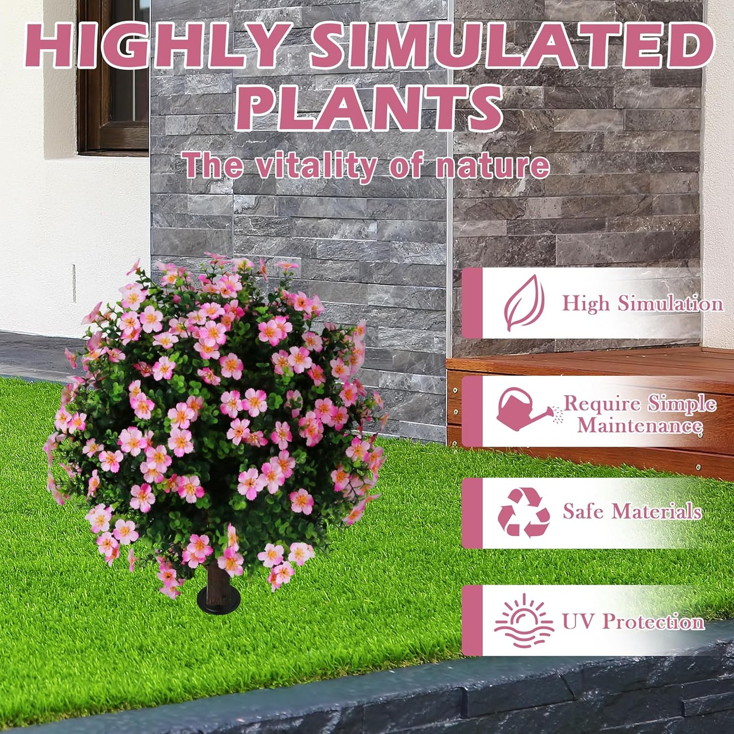 Sunnyglade Set of 2 Artificial Boxwood Topiary Ball Trees with Pink Flower, Faux Shrub Bushes with Ground Spike 25.5", UV Resistant Fake Boxwood Plants for Indoor, Garden, Porch, Patio Decor (Pink)