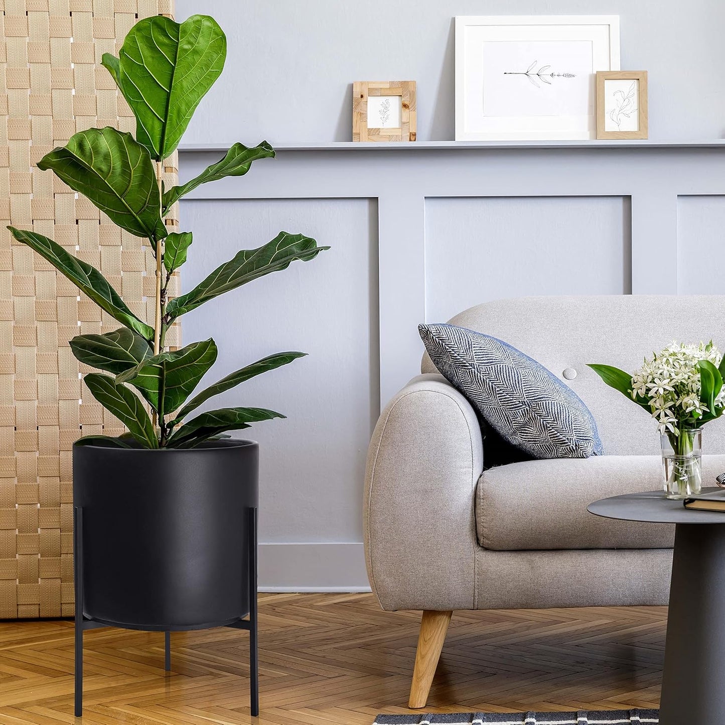 D'vine Dev Modern Black Plants Pot Cylinder Planter with Heavy Duty Stand, X-Large 14 Inch Pot, 19.6 Inch with Stand Height, 96-T-B-4