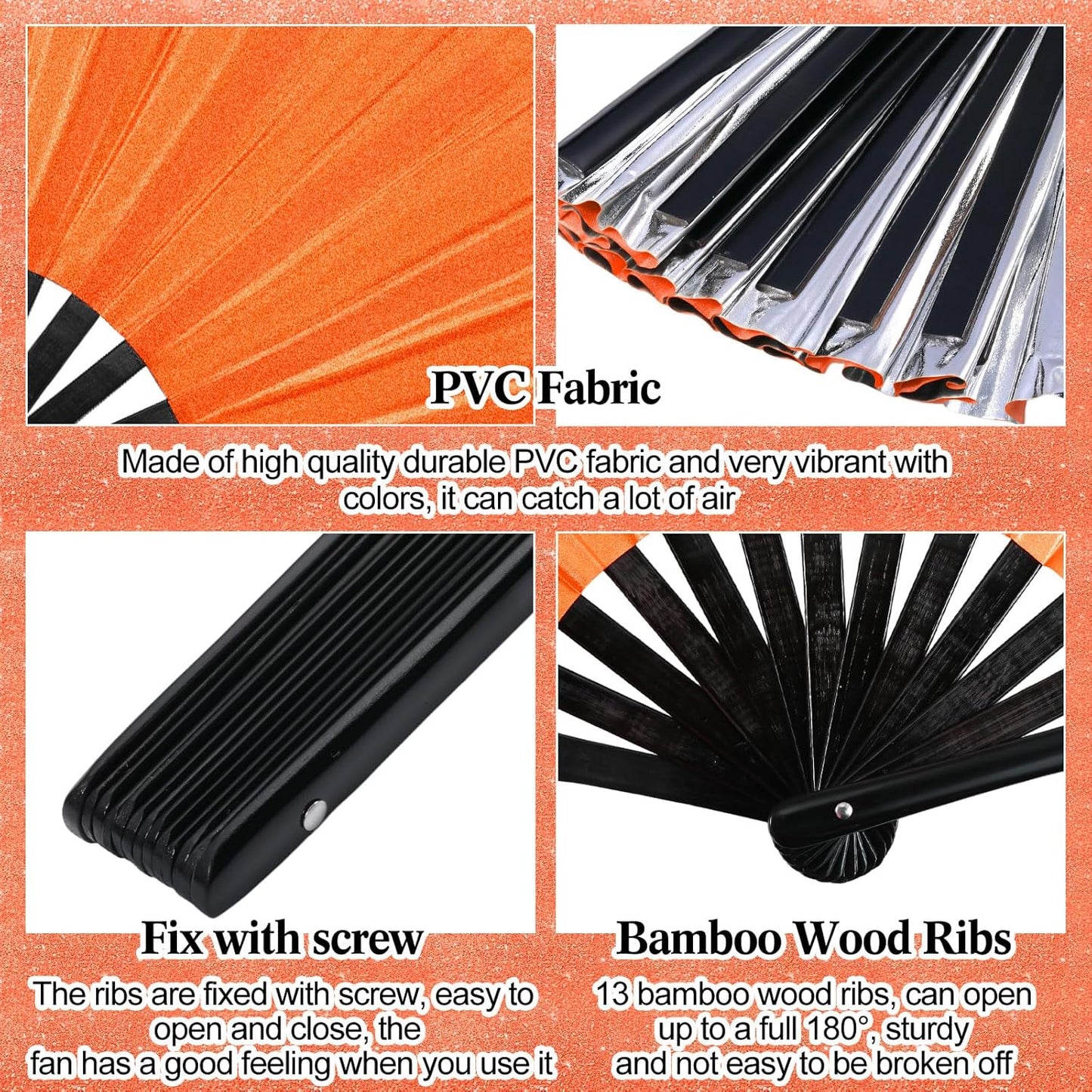 Maitys 2 Packs Large Clap Fans for Line Dancing Large Chinese Folding Hand Fans for Men and Women, Festival, Tai Ji, Kungfu, Martial Art, Gifts (Glitter Orange)