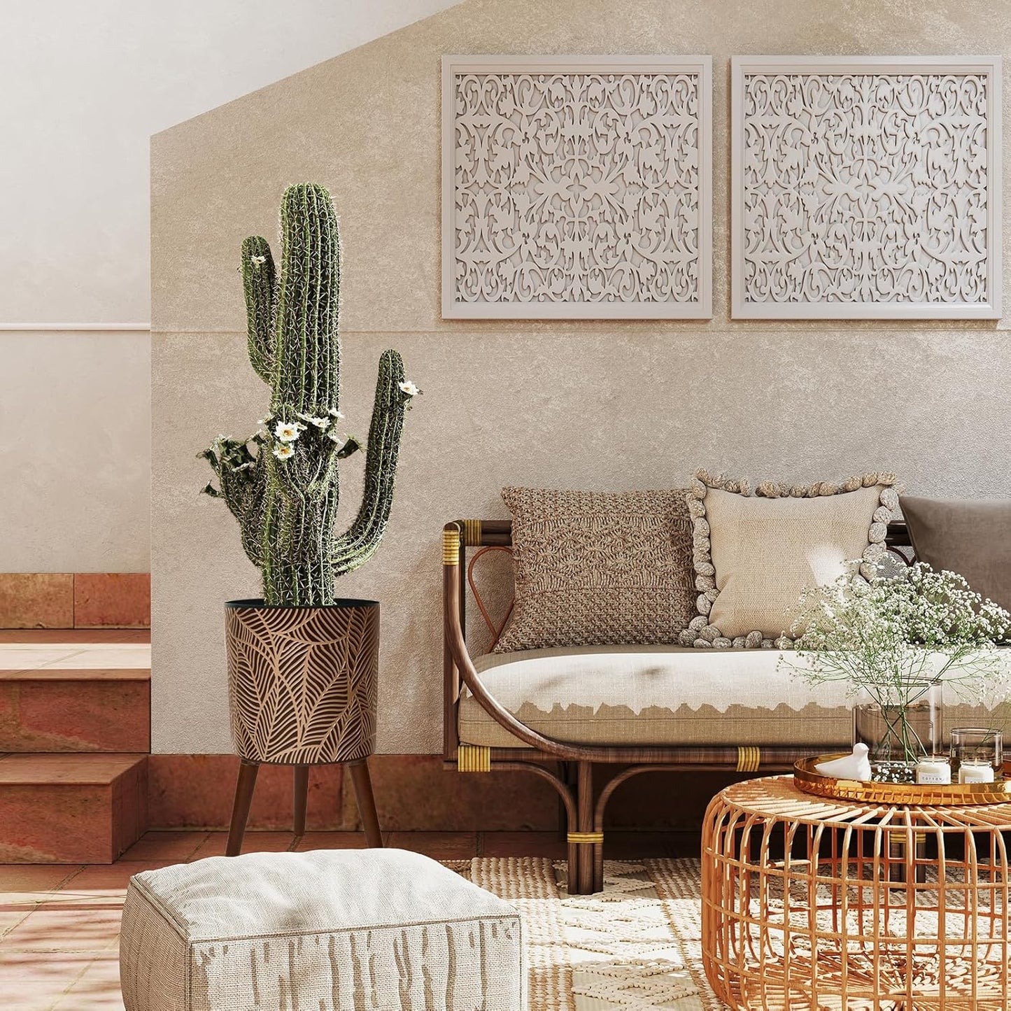 12inch Black Plant Pots for Indoor Plants Large Boho Flower Pot with Stand Modern Planters with Gold Floral Embossed Standing Planter with Drainage for Living Room, Office, Garden or Balcony