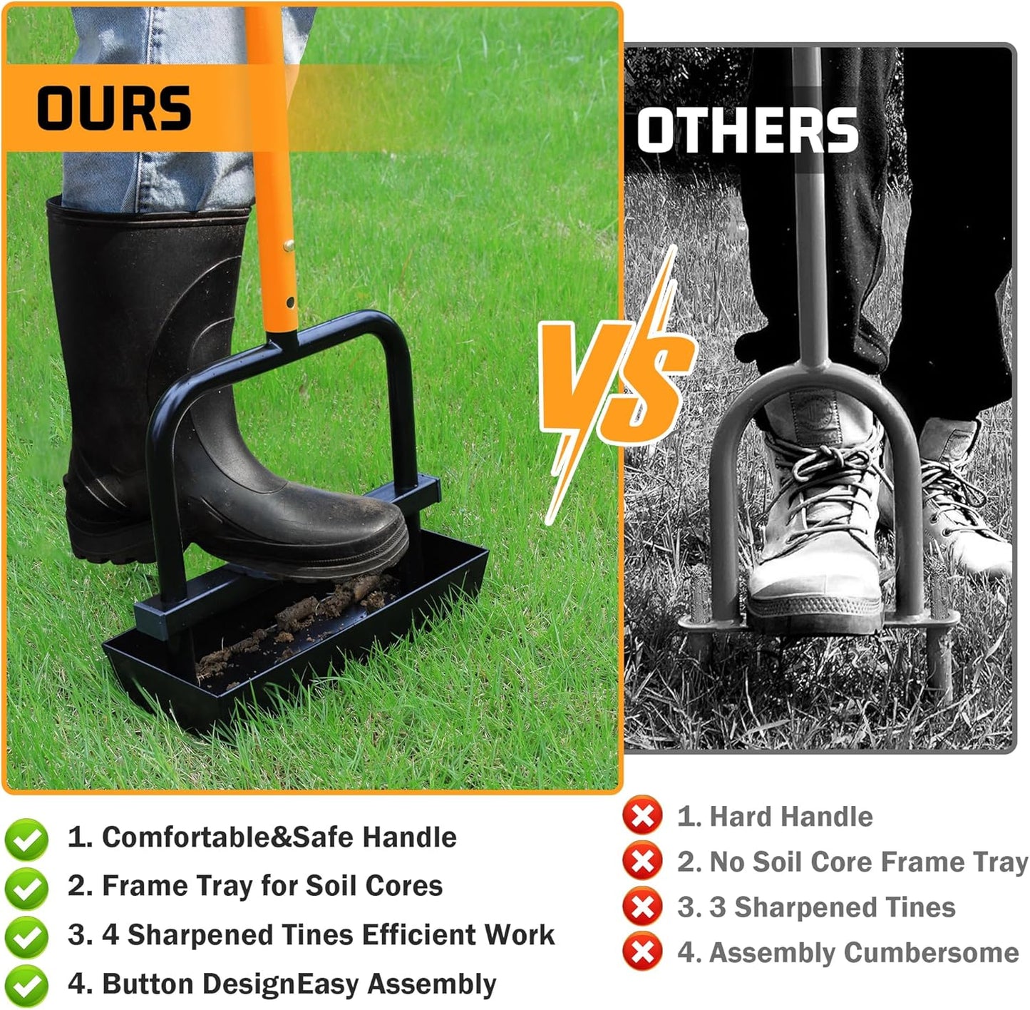 Lawn Aerator Coring Tool with Soil Core Collection Tray, 4 Tines Manual Yard Air Grass Aerator Gardening Tool for Lawn Care Courtyard,Orange（Updated Box）