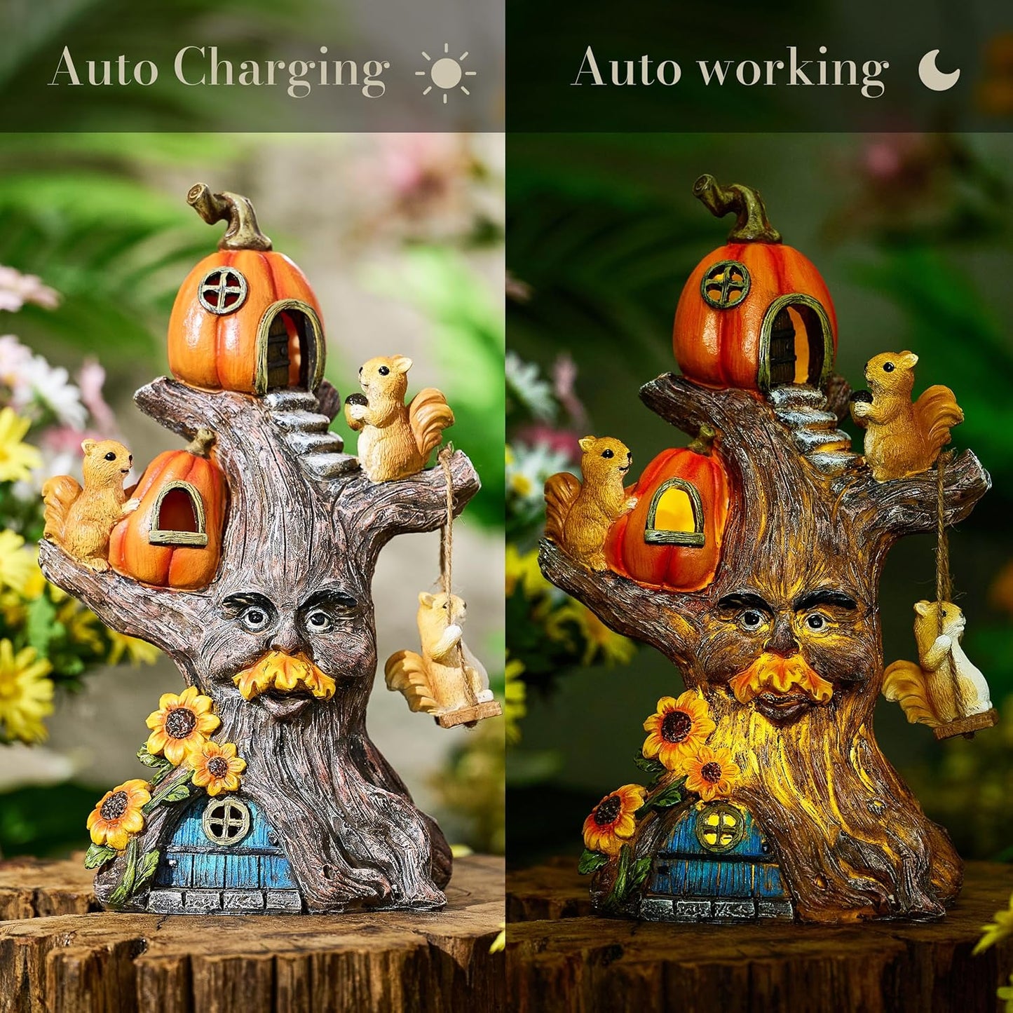 TERESA'S COLLECTIONS Fall Decor, Pumpkin Decor, Tree Spirit and Squirrels Pumpkin House with Solar Lights, Outdoor Fall Decor Waterproof Resin, Fall Gift Outdoor/Indoor,11"