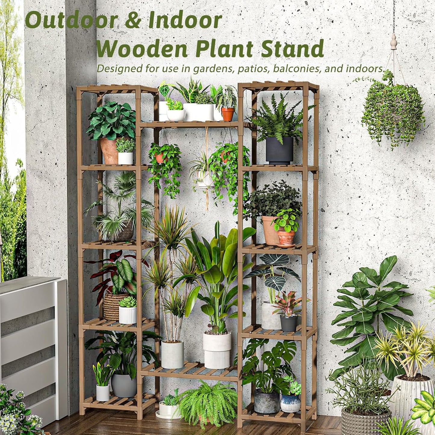 Plant Stand Indoor Outdoor 62.2“ Tall Plant Shelf Large Tiered Flower Stands for Multiple Display Wood Hanging Planter Holder for Living Room Garden Balcony Patio Decor