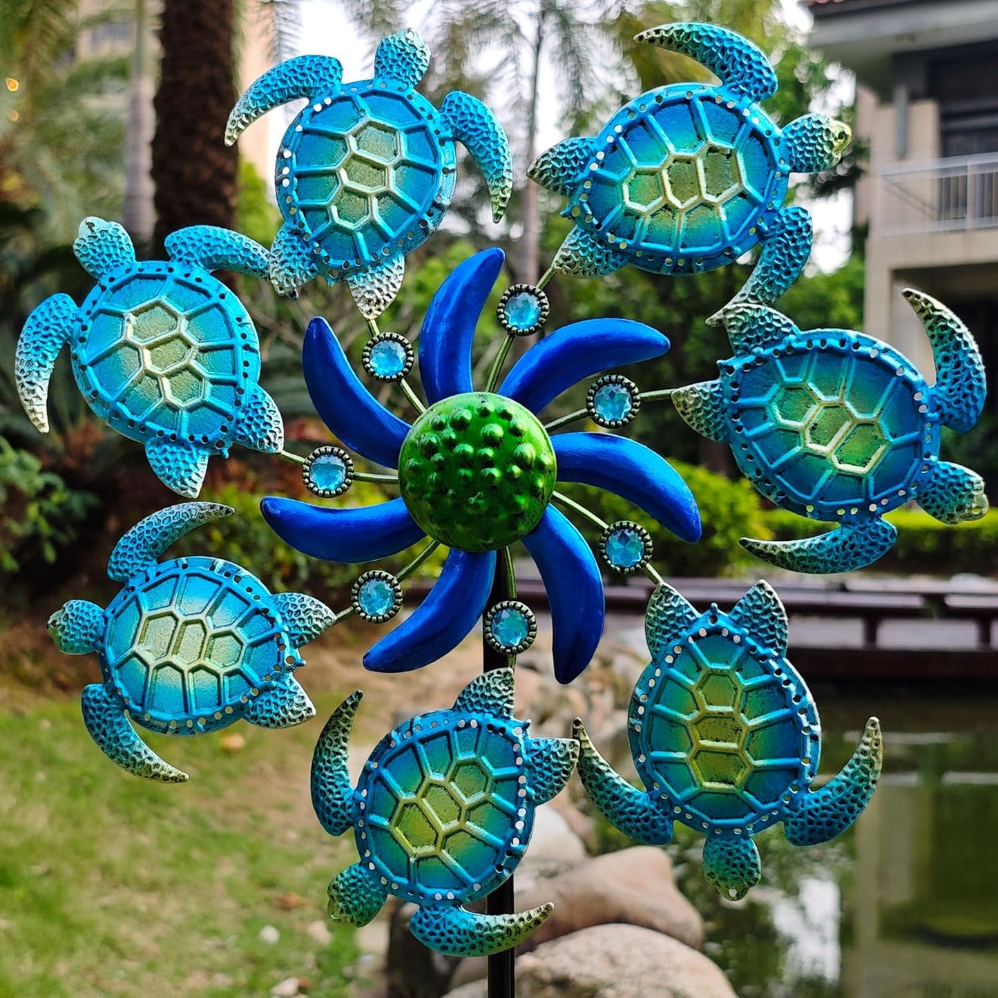 39" Sea Turtle Wind Spinners Garden Stake-Ocean Theme Outdoor Decorations- Metal Stake Yard Spinner-Wind Sculpture Yard Art Decorations for Patio,Swimming,Lawn & Garden Decor