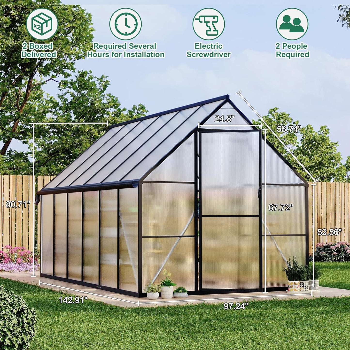 8'x12' Aluminum-Framed Polycarbonate Greenhouse, Heavy Duty Polycarbonate Greenhouse with Quick Setup Structure and Roof Vent, Large Enhanced Aluminum GreenhouseKit for Outdoors