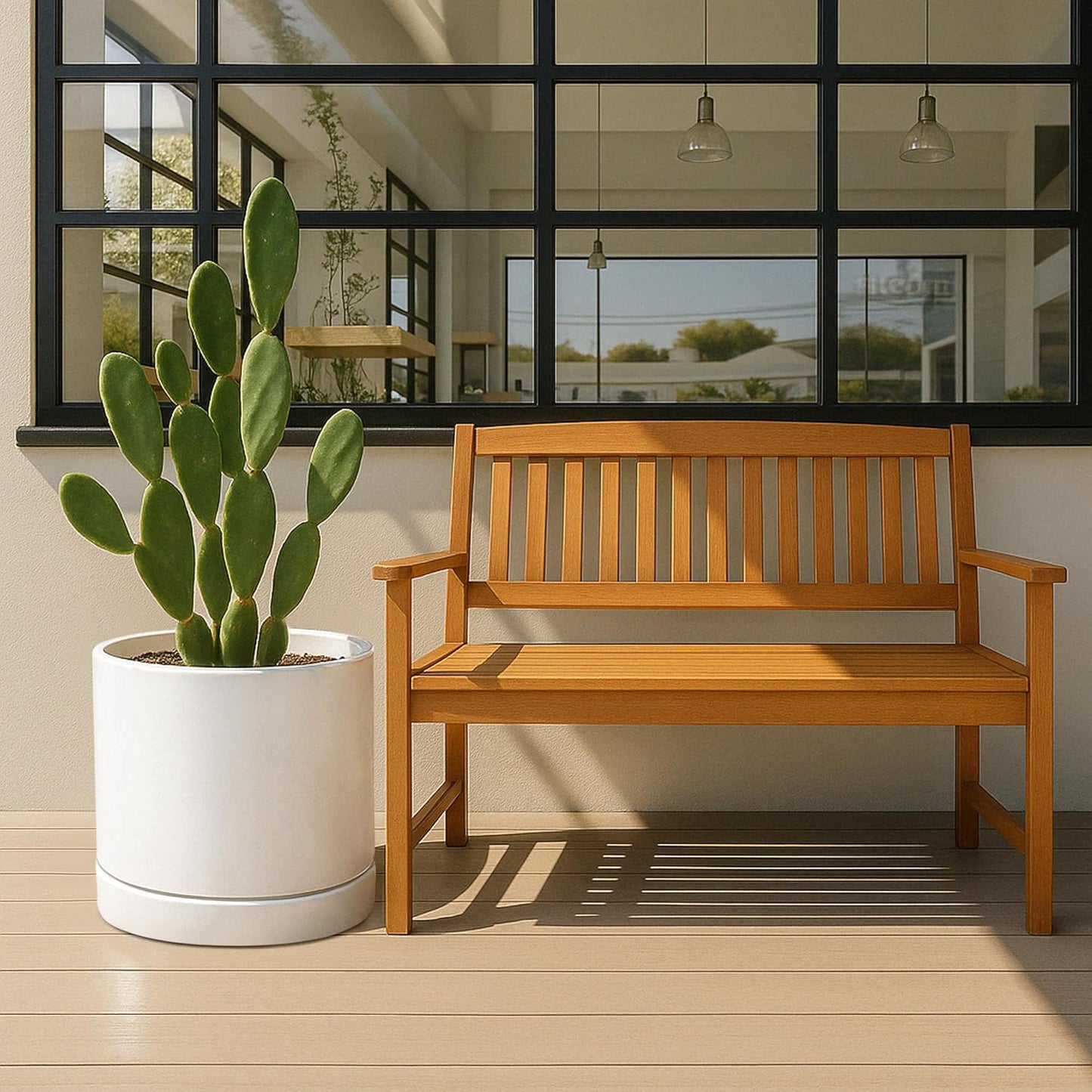 D'vine Dev 14 Inch Ceramic Planter Pot with Drainage Hole and Saucer, Indoor Cylinder Round Planter Pot, White, 94-O-G-1