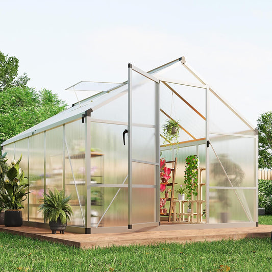 8×10 FT Greenhouse, Large Walk in Greenhouses for Outdoors and Garden Planting, Polycarbonate Greenhouse with Enhanced Aluminum Frame, Green Houses with Quick Setup Structure and Roof Vent, Silver