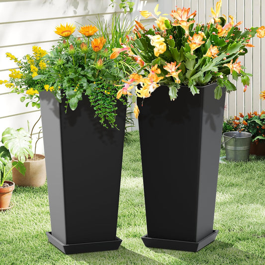 FENCY Set of 2 Tall Planters for Outdoor Plants, 24 Inch Large Tapered Pots with Drainage Trays, Weather-Resistant Plastic Plant Containers for Patio, Porch, Garden, Front Door Decor,Black
