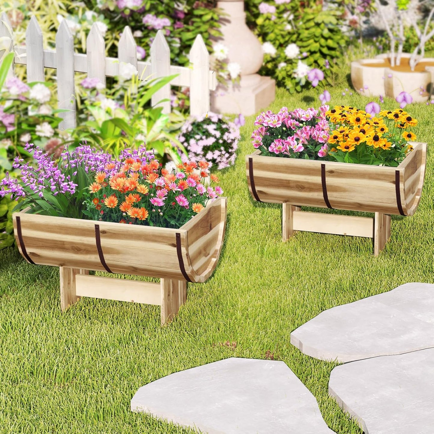 HAPPYGRILL Wooden Plant Pots, Solid Acacia Wood Half-Barrel Planting Flower Pot w/Legs, Drainage for Flower Vegetable Fruit, Outdoor Elevated Garden Bed, Decorative Planters for Indoor Plants (2)