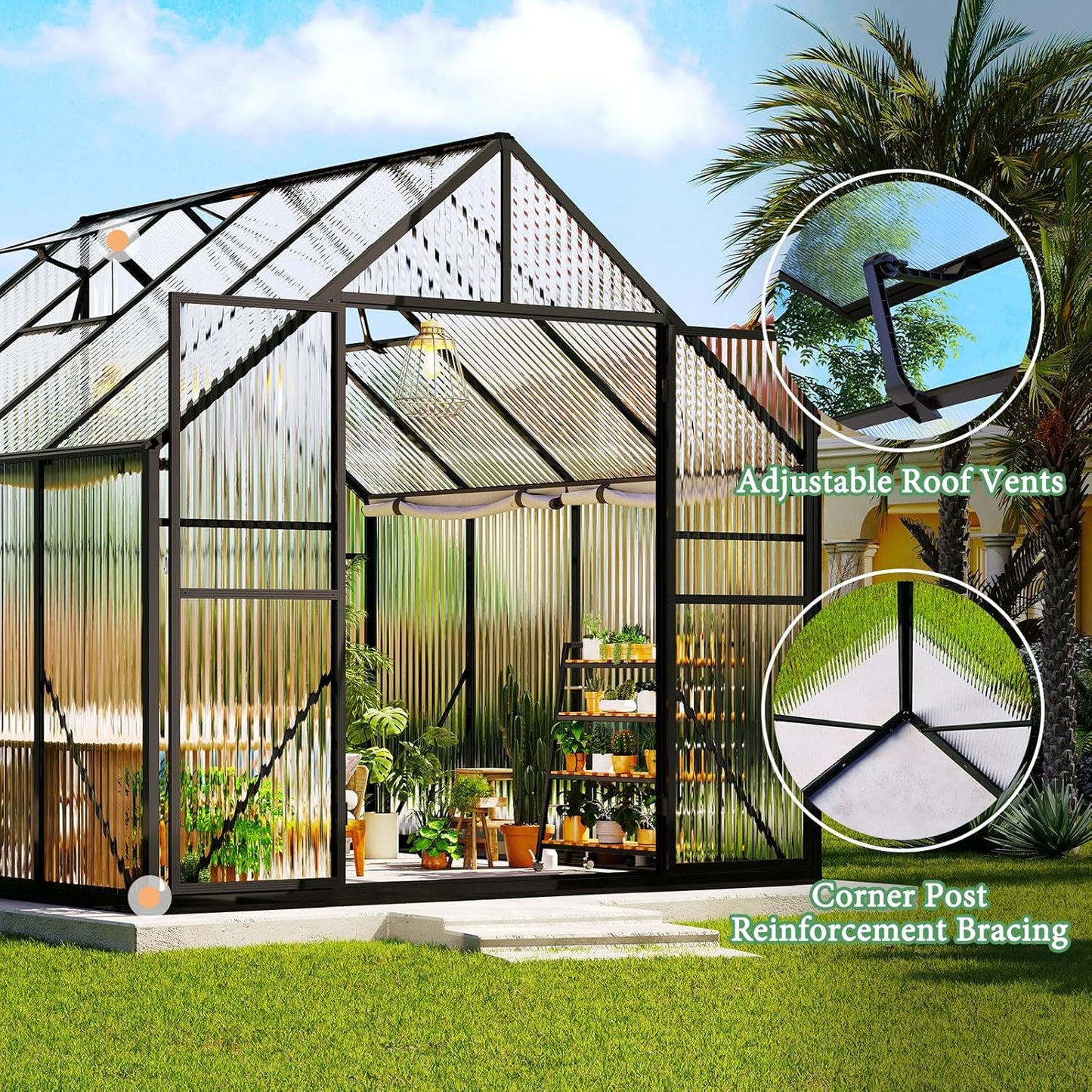 Amerlife 8x8x7 FT Ft Polycarbonate Greenhouse for Outdoors, Walk-in Design with Aluminum Frame, 2 Windows and Swing Door, Heavy-Duty Greenhouse Construction for Garden, Black