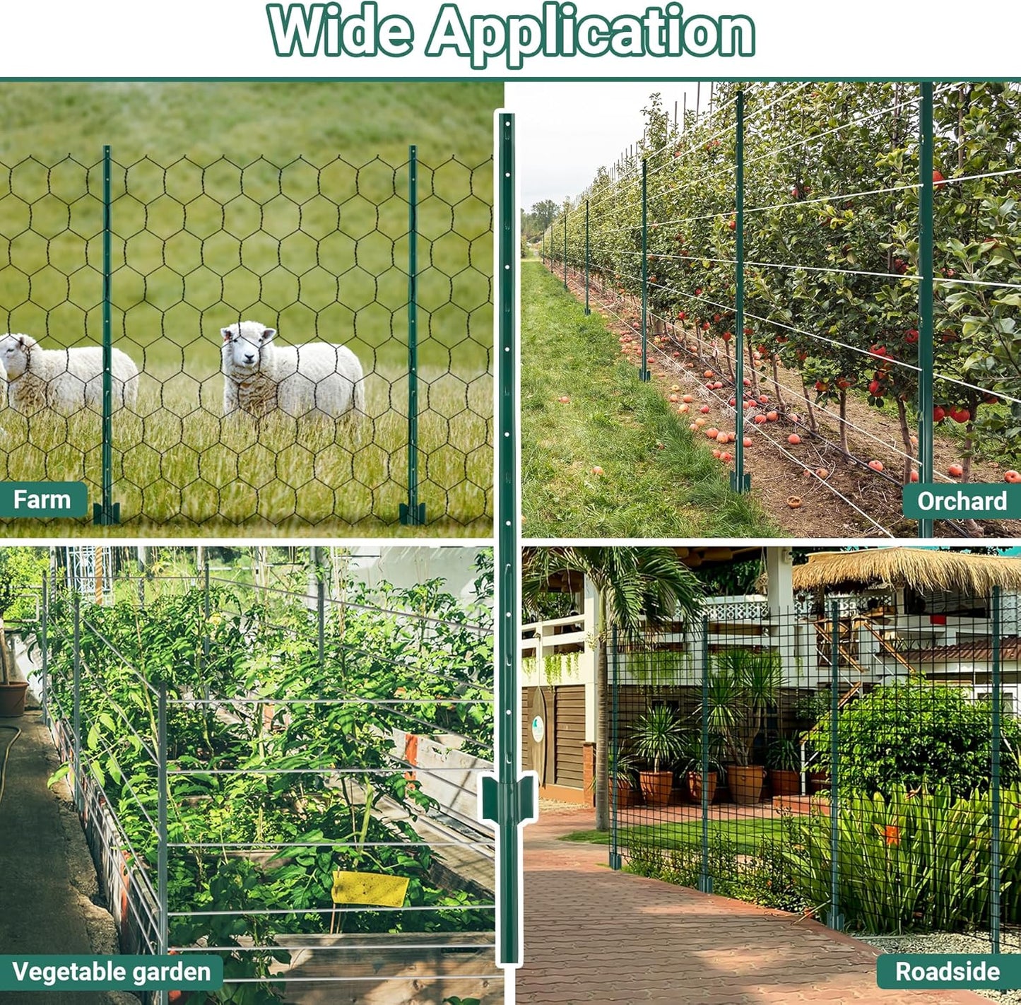 Fence Posts 4.8 Ft - 8 Pack, Heavy Duty Metal Fence Post, No Dig U Post for Farm, Garden, Orchard and Outdoor Wire Fencing (Green)