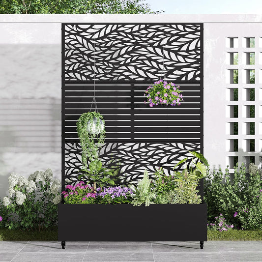 Casaphoria Metal Raised Garden Bed with Trellis and Wheels, 72"x47"x16" Planter Box for Climbing Plants, Vegetables & Vines, Features Drainage Holes and Privacy Screen, Black(Spring&Louvered)
