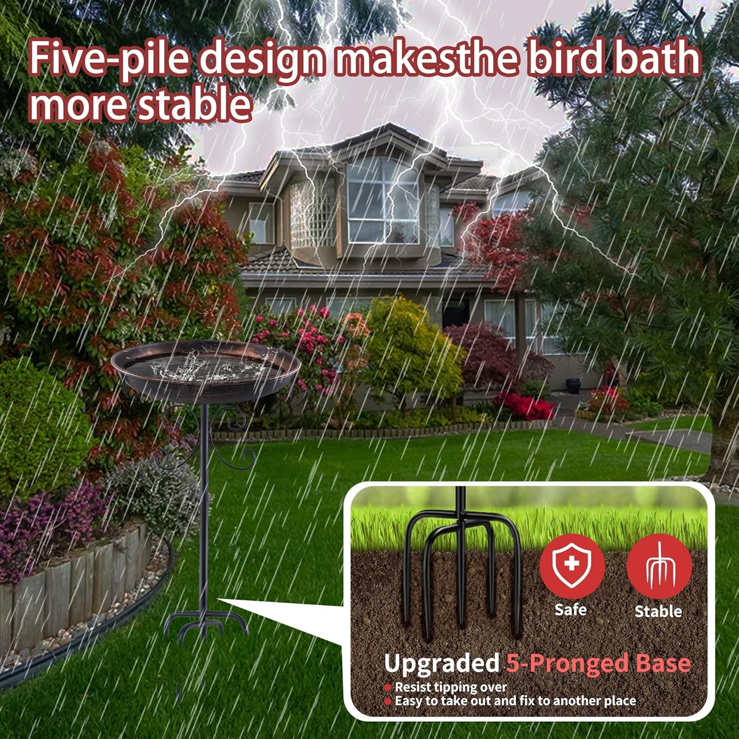 35In Metal Bird Bath for Outside, Garden Bird Bath with 5-Pronged Base, Vintage Freestanding Birdbath and Birdfeeder for Outdoor, Baths Feeder Bowl for Outdoors Garden Patio Yard Lawn Decor