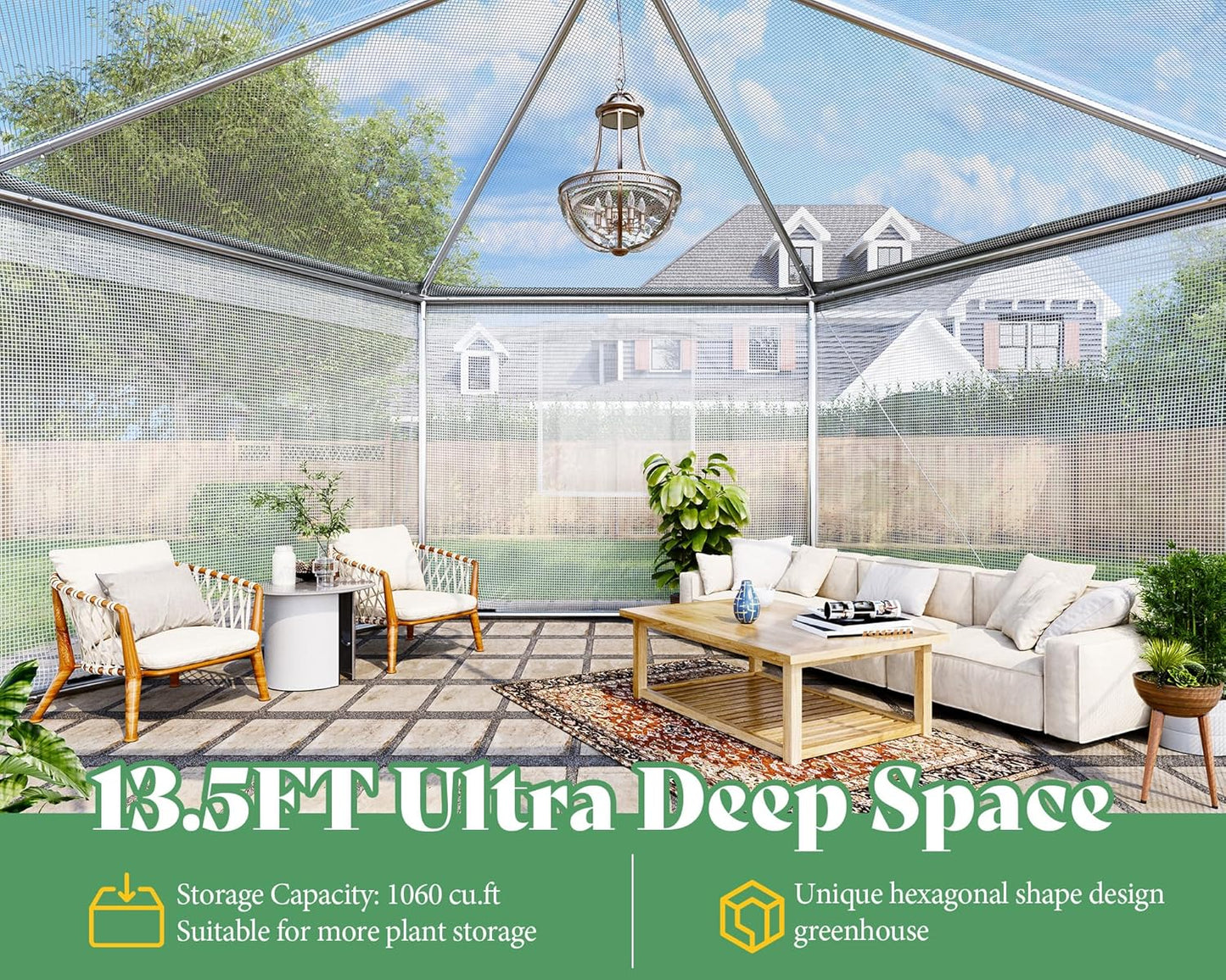 AMERLIFE 13.5x13.5x9 FT Hexagonal Walk-in Greenhouse for Outdoors, Heavy-Duty Greenhouse with Windbreak Ropes, Waterproof PE Cover, Ground Stakes, Tunnel Green House for Garden, White/Green