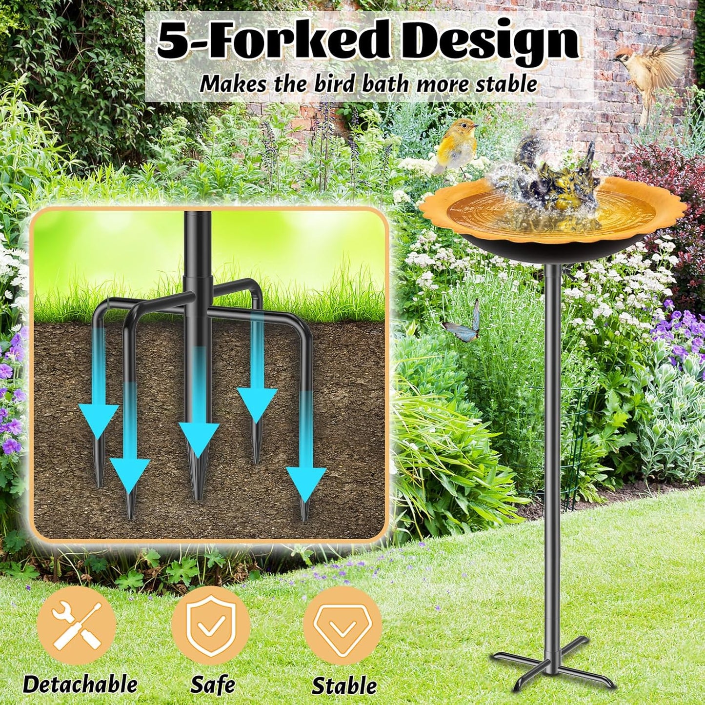 MeyRoliz Metal Bird Bath for Outside, Detachable Birdbath Birdfeeder Bowl, Freestanding Birdfeeders Bird Bath Bowl for Garden (Orange)