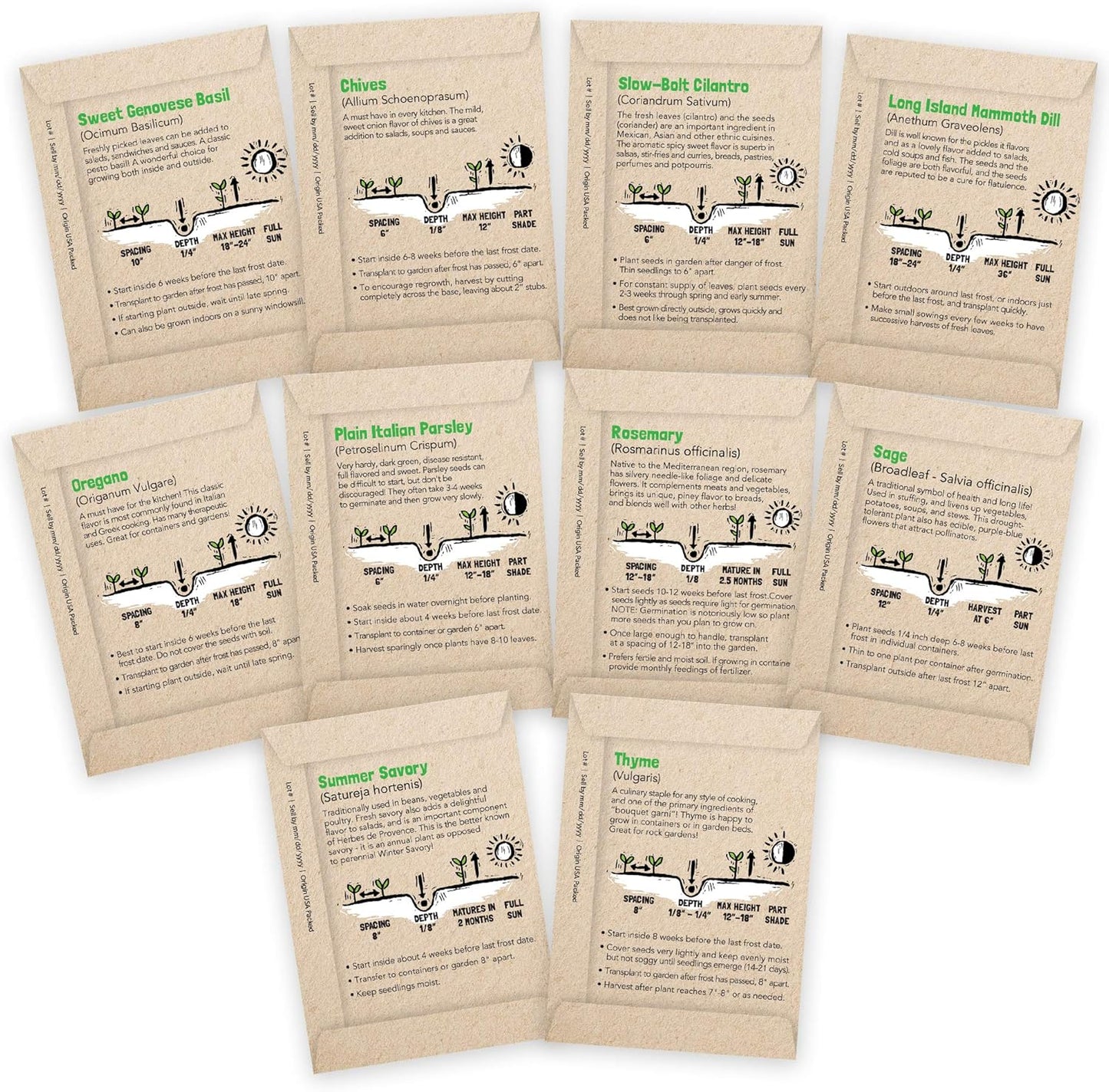 Culinary Herb Seeds Variety Pack: 10 Spice Herbs, Hydroponic Garden Indoors, Heirloom Planting Basil, Parsley, Sage, Thyme, Rosemary, Cilantro, Chives Dill Oregano, Summer Savory by Sustainable Sprout