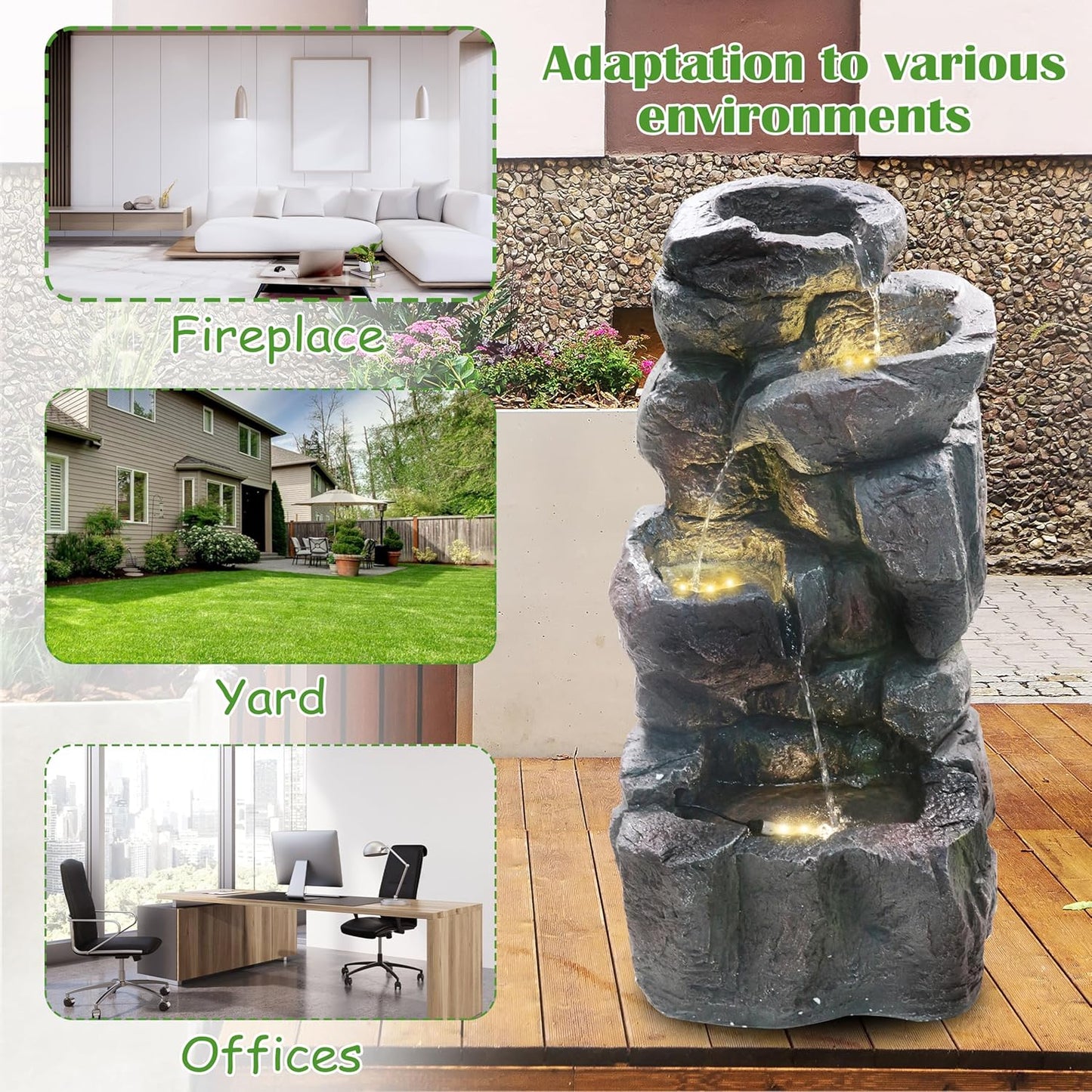 4-Tiers Cascading Rock Outdoor Water Fountain with LED Light, Standing Cascading Water Feature Faux Stacked Stones Waterfalls Decor for Garden Patio Yard and Lawn (Deep Grey)