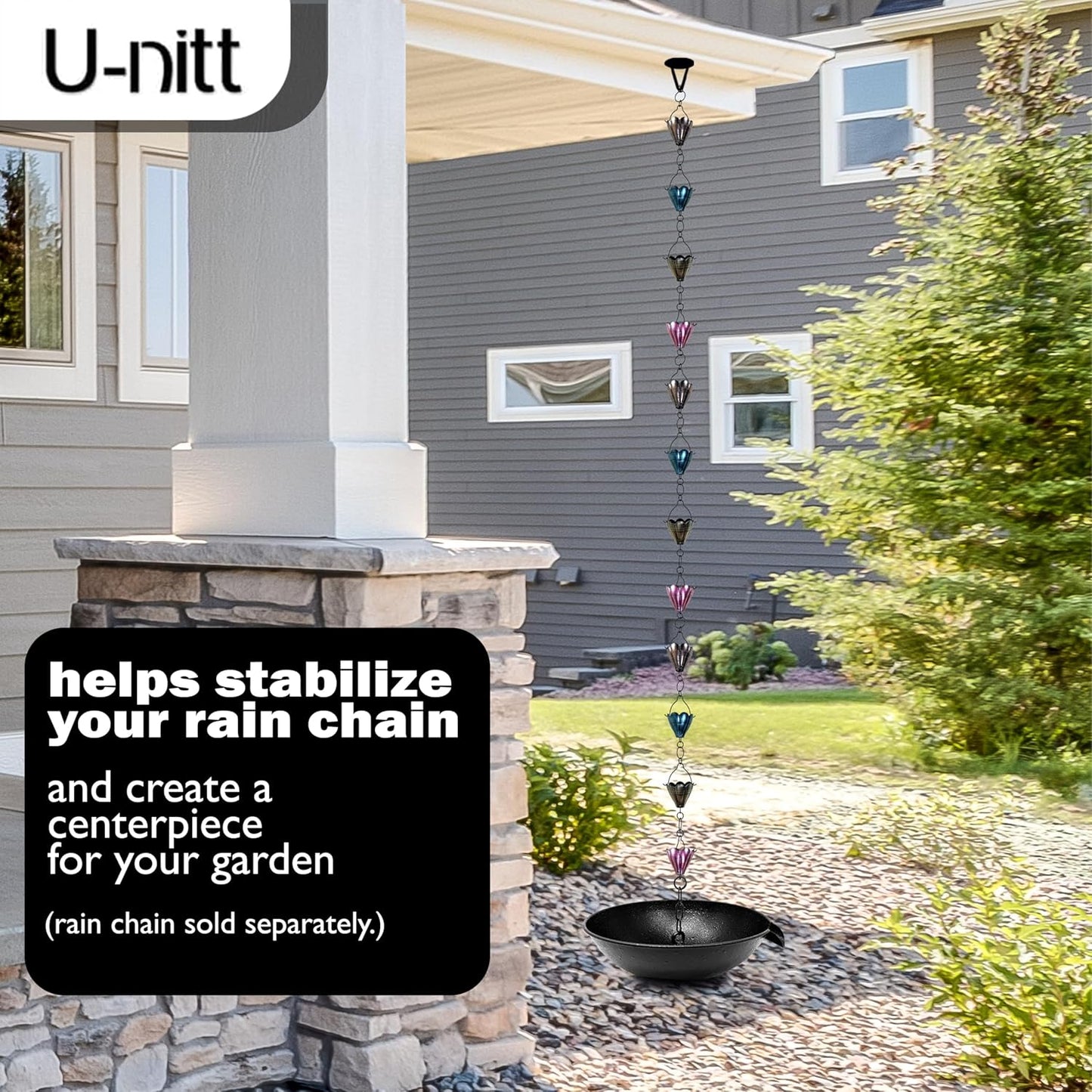 12" Spill Bowl Catch Basin for Rain Chain Anchoring & Stake | Rainwater Collection for Roof Gutter Downspout | Good For Water Fountain & Birdbath | Black | Works with Rainchain | Handles Heavy Rain