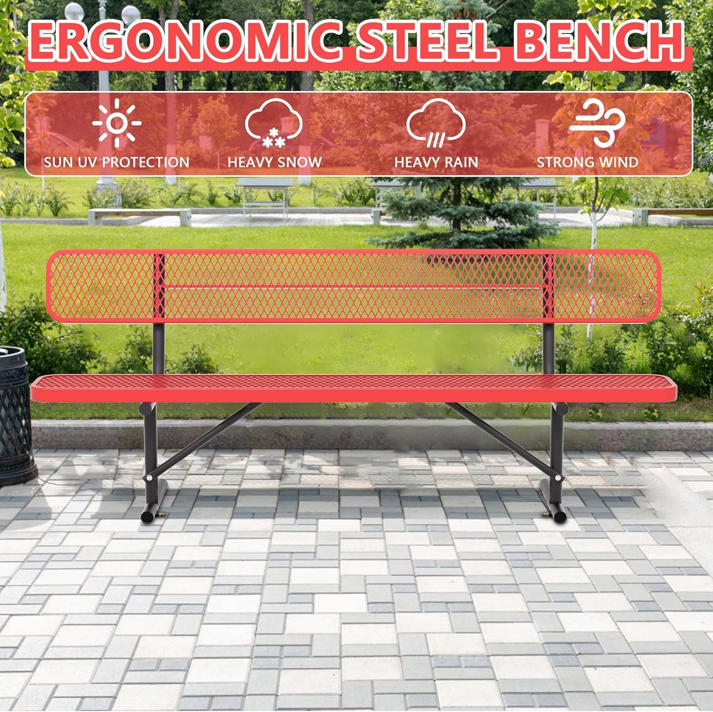 8FT Park Bench for Outside, Heavy-Duty Garden Bench W/ Back, Red Outdoor Metal Bench for Sitting Area, Commercial Bench for School Patio Porch Backyard Sports Church Locker Room Shopping Centers