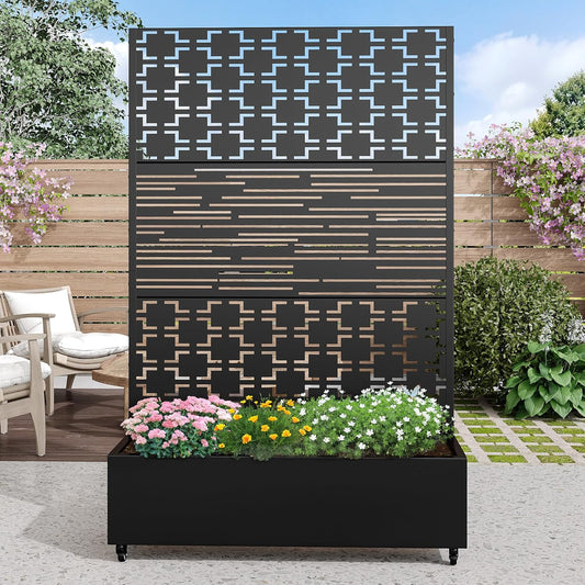 Casaphoria Metal Raised Garden Bed with Trellis and Wheels, 72"x47"x16" Planter Box for Climbing Plants, Vegetables & Vines, Features Drainage Holes and Privacy Screen, Black(Parallel&Louvered)