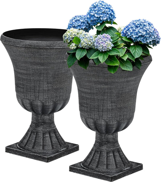 22" Large Urn Planters for Outdoor Plants, Set of 2 Plastic Flower Pot with Handmade Washed Black Finish, Weather-Resistant for Porch, Garden, Patio or Indoor Decor
