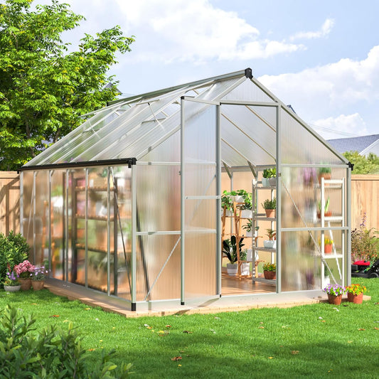 Greenhouse - 8x12 FT Quick Setup Polycarbonate with Roof Vent, Aluminum Large Walk-in for Outside Garden Backyard, Sliver