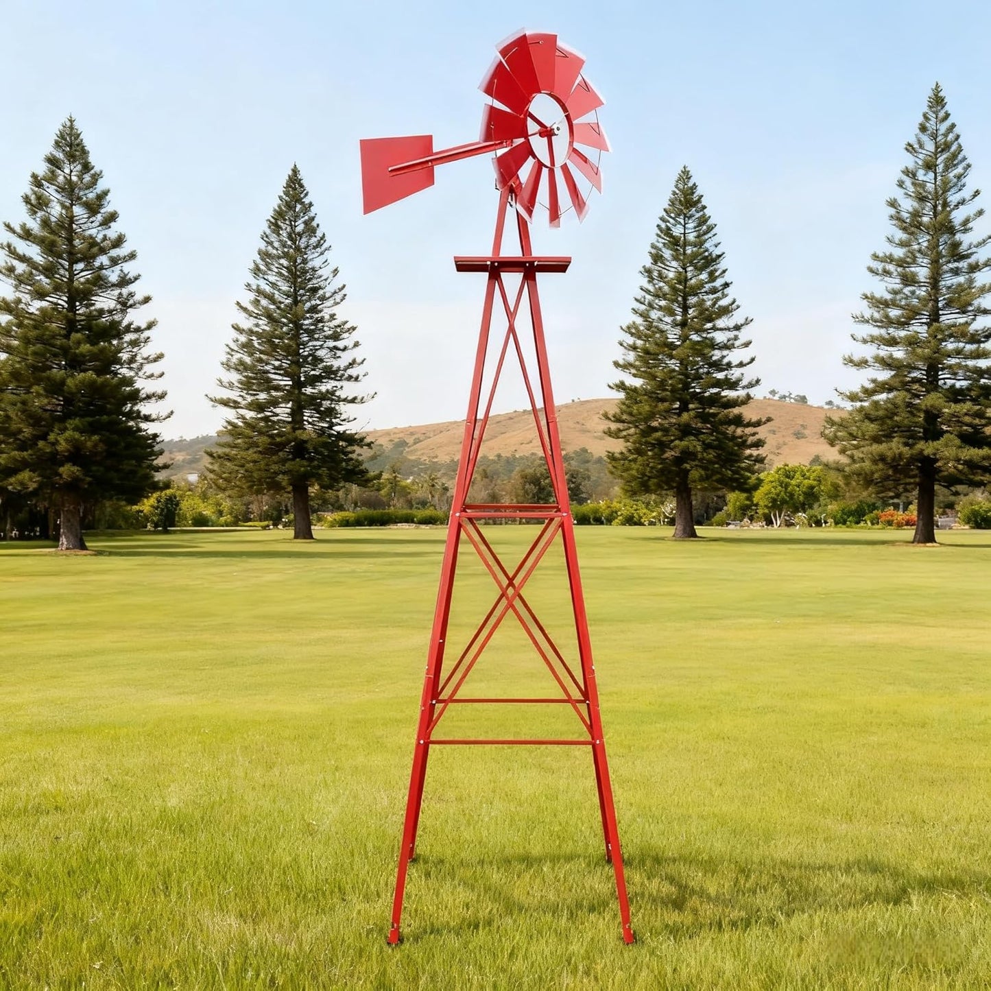 8FT Windmill for Yard Garden Decoration with Weather Vanes，Heavy Duty Outdoor Wind Mills, Large Metal Outdoor Windmill,Weather Resistant,Red