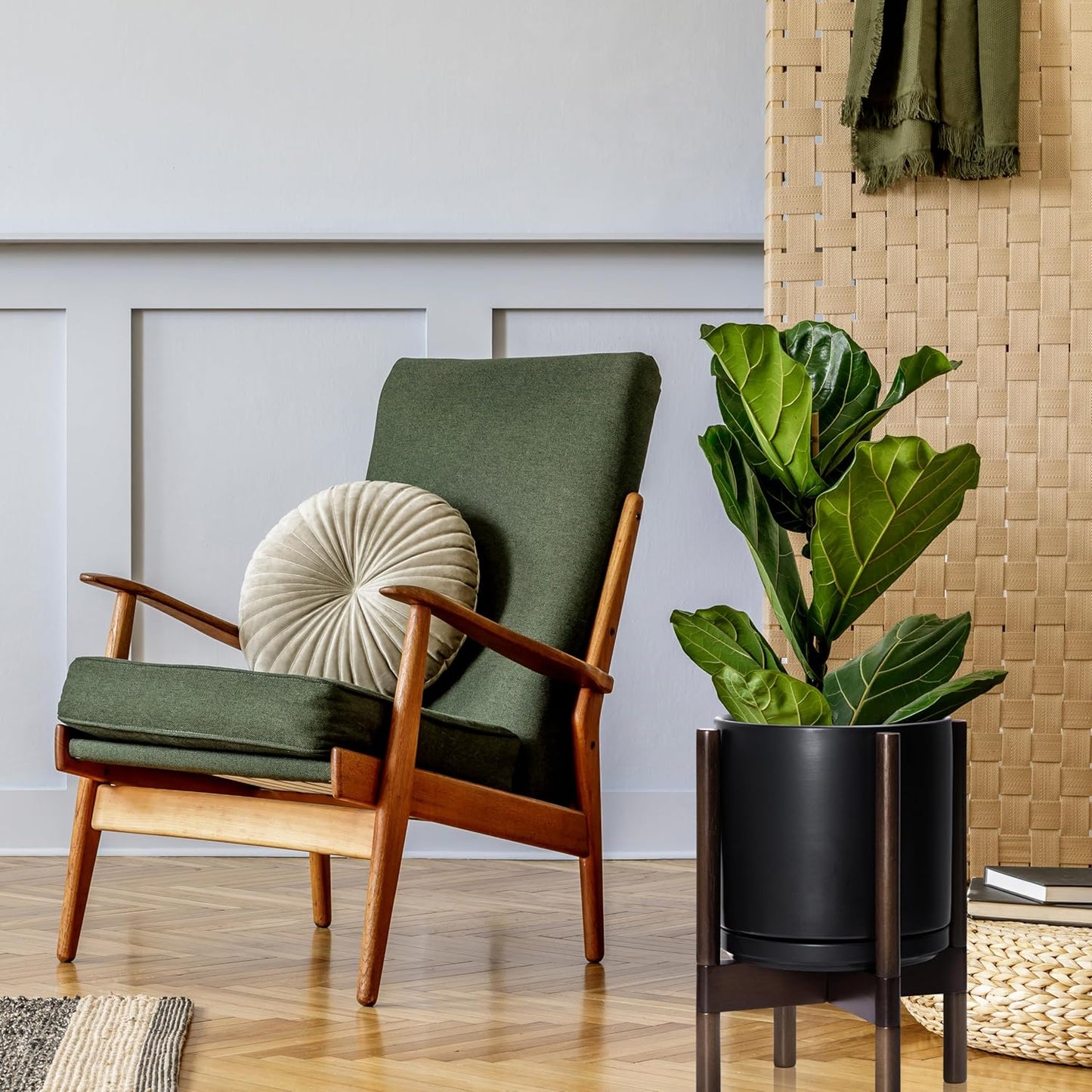 D'vine Dev Ceramic Planter with Walnut Color Stand - 10 Inch Modern Round Flower Pot with Wood Planter Holder, Black, 55-B-X-2