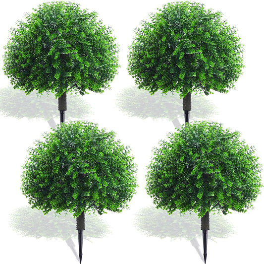 Yunlly 4 Pcs 18 Inch Artificial Boxwood Ball Topiary Tree Fake Outdoor Plants Bush, UV Resistance Faux Shrubs with Spike Realistic Greenery Potted for Indoor Garden Yard Porch Patio Decor (Green)