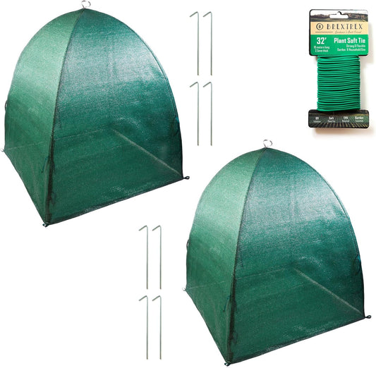 Winter Plant Cover Freeze Protection Tents 2 Pack-Protect Shrubs from Snow, Frost, Animals, Freezing Temperatures - Complete with Soft Garden Ties (22" x 22" x 22", 2 Pack, green with stakes)