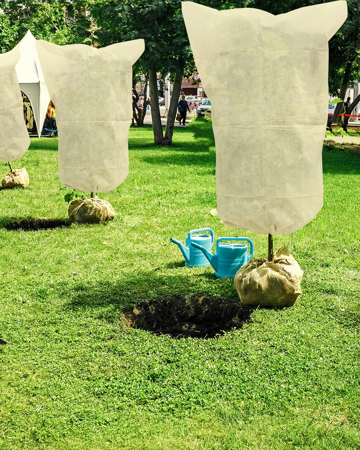 EAONE 12 Pack Plant Covers Freeze Protection, 32x47'' Winter Frosts Cloth for Outdoor Plants, Reusable Frost Blankets Drawstring Bags for Cold Freeze Sun Protection Bird Insect Prevention,Beige