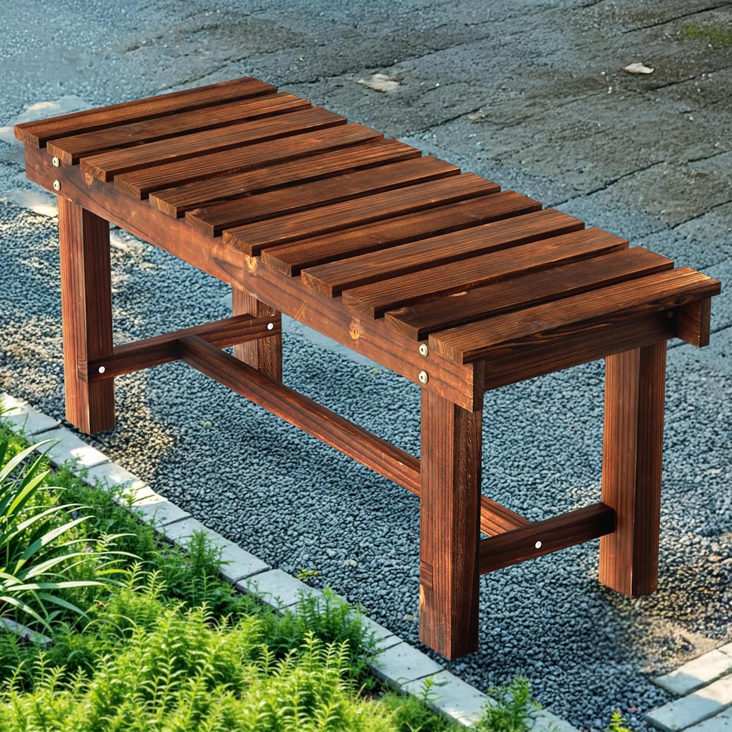 35.5" Outdoor Garden Bench, Weatherproof Patio Benches 2-Person Seat Backless Wooden Porch Bench, Multifunctional Slat All Weather Bench for Garden Lawn Porch Park Backyard (Carbonized Brown)