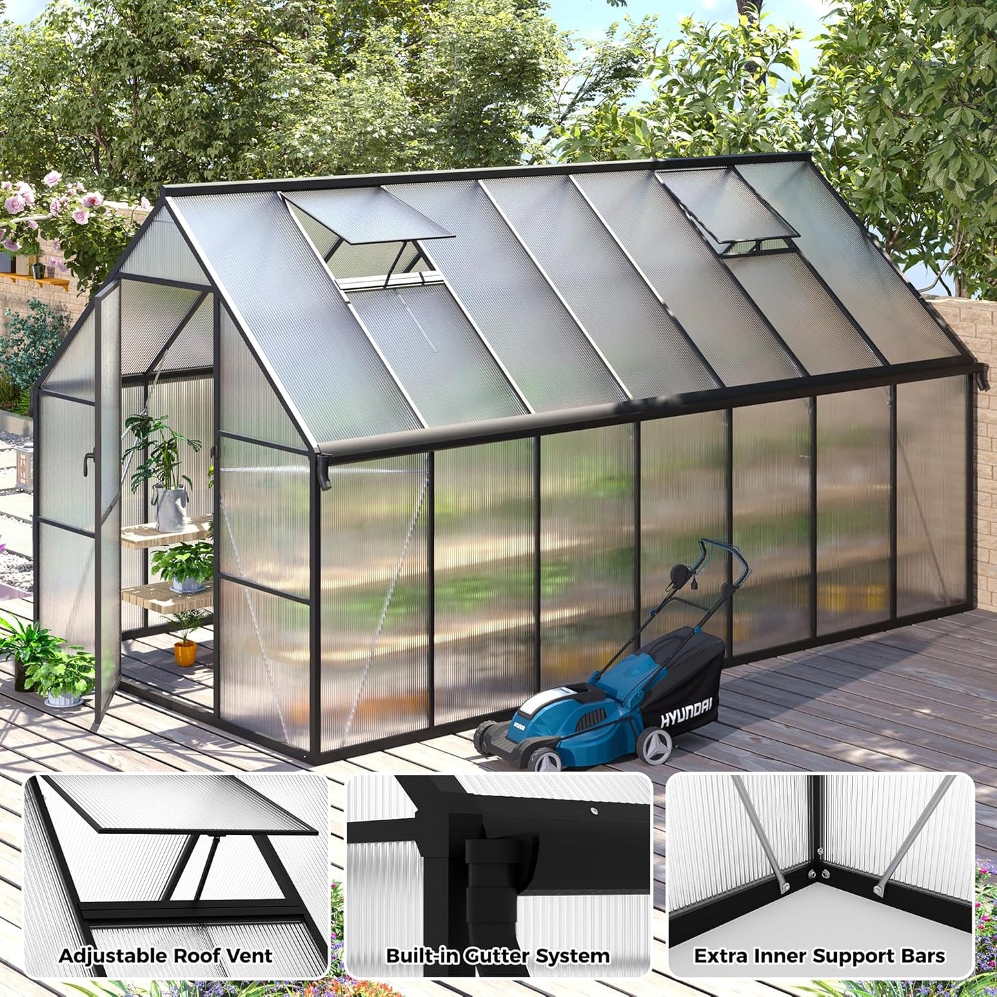 8x14 FT Greenhouse for Outdoors, Polycarbonate Greenhouse with Roof Vent, Enhanced Aluminum Large Walk-in Green House for Garden Backyard
