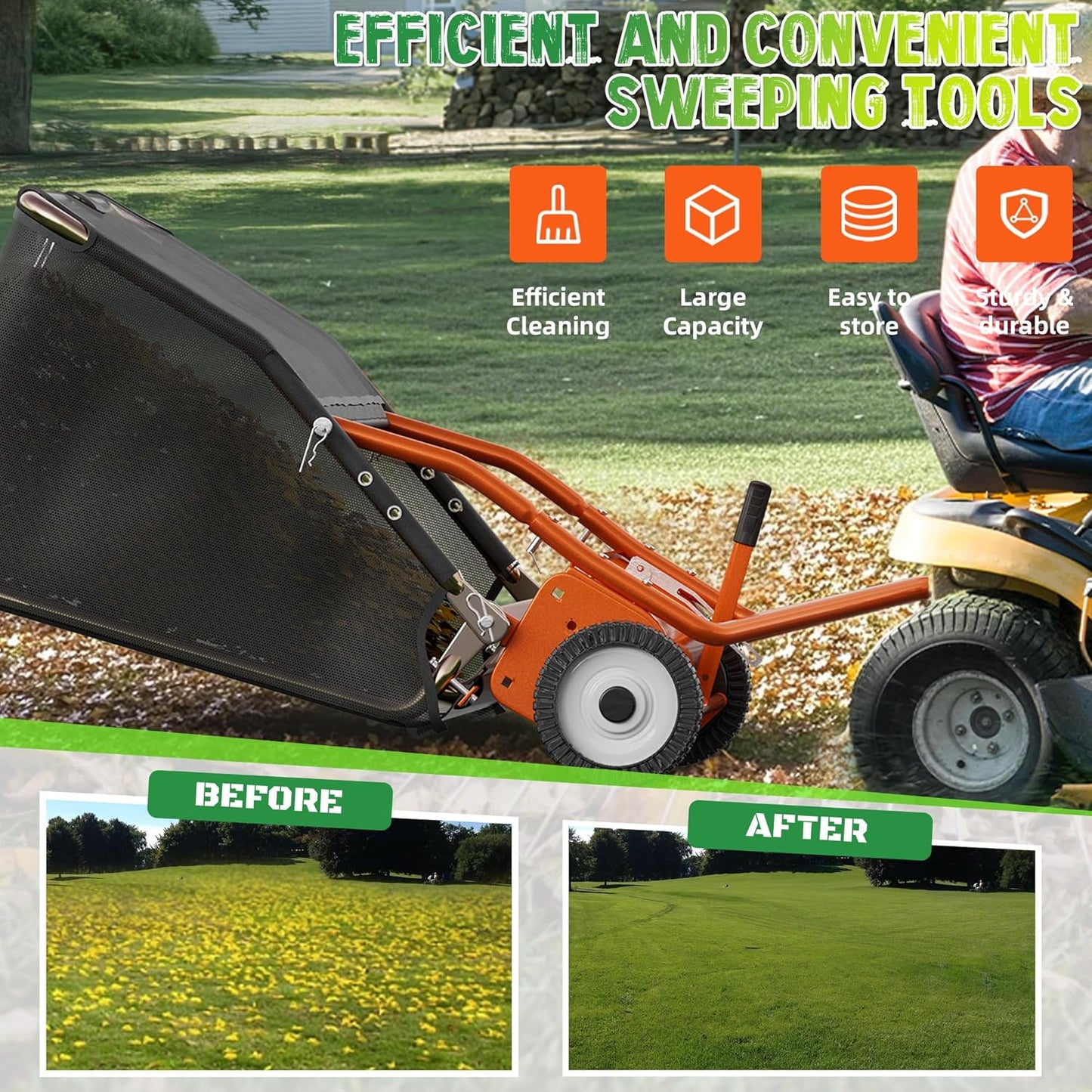 48" Lawn Sweeper Tow Behind, Grass Sweeper Tow Behind with 25.16 cu. ft Large Hopper, Heavy Duty Leaf & Grass Collector, Adjustable Brush Height Lever and Dumping Rope, Lawn and Yard Cleanup Tool