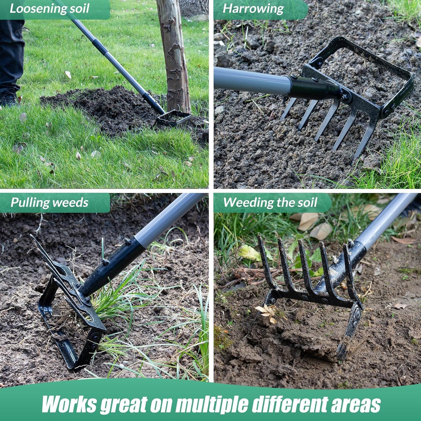 Suchtale 82 Inch Stirrup Hoe and 5-Tines Rake, Action Hoe for Weeding, 2 in 1 Scuffle Hoe with 37-82"Adjustable Handle, Hula Hoe Cultivator for Loosening Soil, Loop Hoe for Garden Weeding and Planting