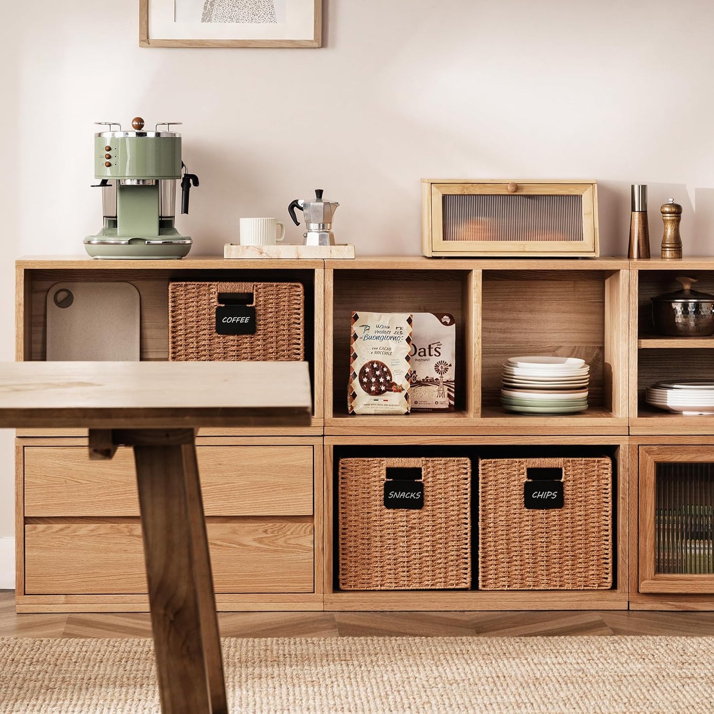 UBBCARE 4 Pack Wicker Basket, 12×12 Storage Cubes with Label, Foldable Cube Storage Bin with Handle, Square Storage Basket for Shelves, Woven Paper Rope Basket for Organizing, Caramel