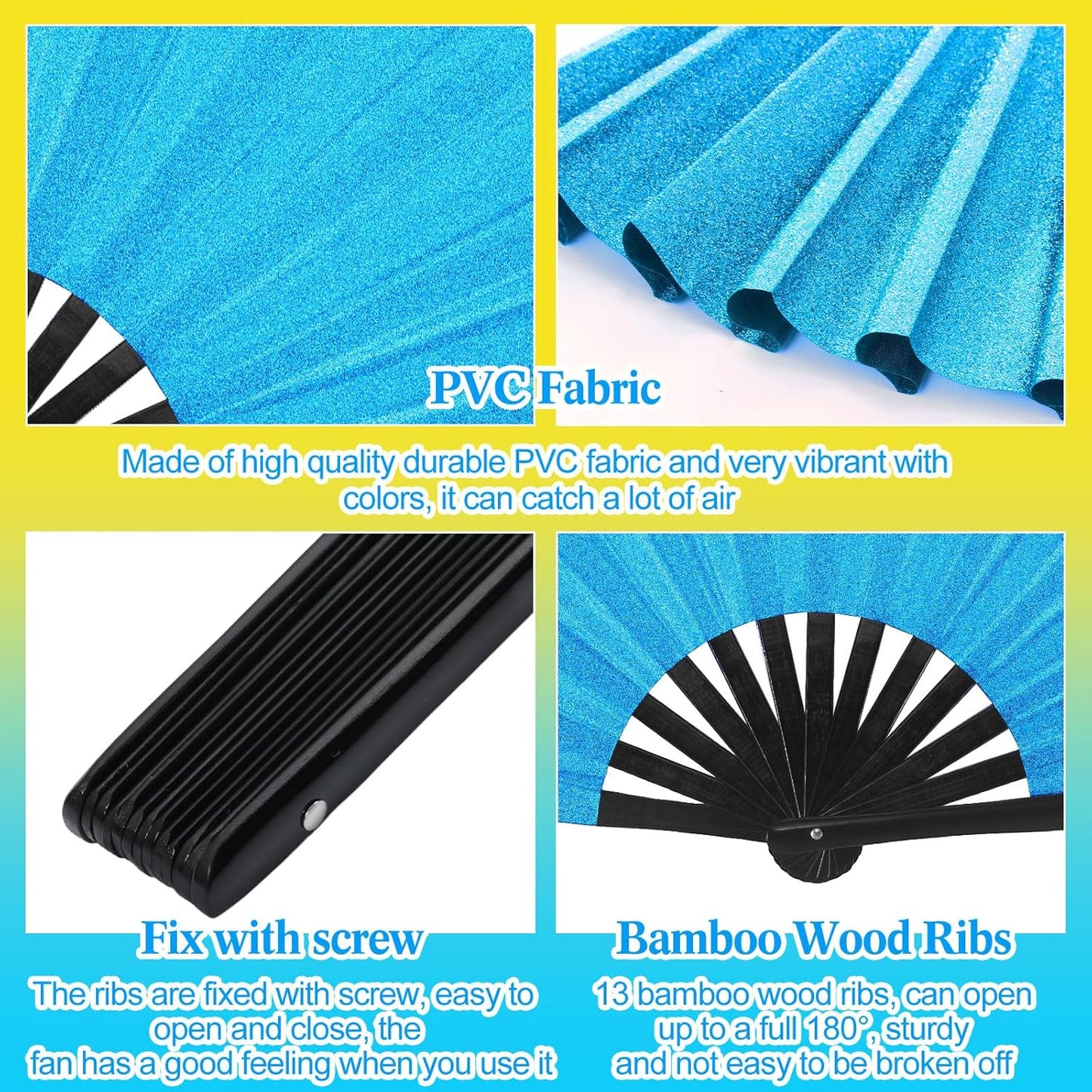 Maitys 2 Packs Large Clap Fans for Line Dancing Large Chinese Folding Hand Fans for Men and Women, Festival, Tai Ji, Kungfu, Martial Art, Gifts (Glitter Yellow and Blue)