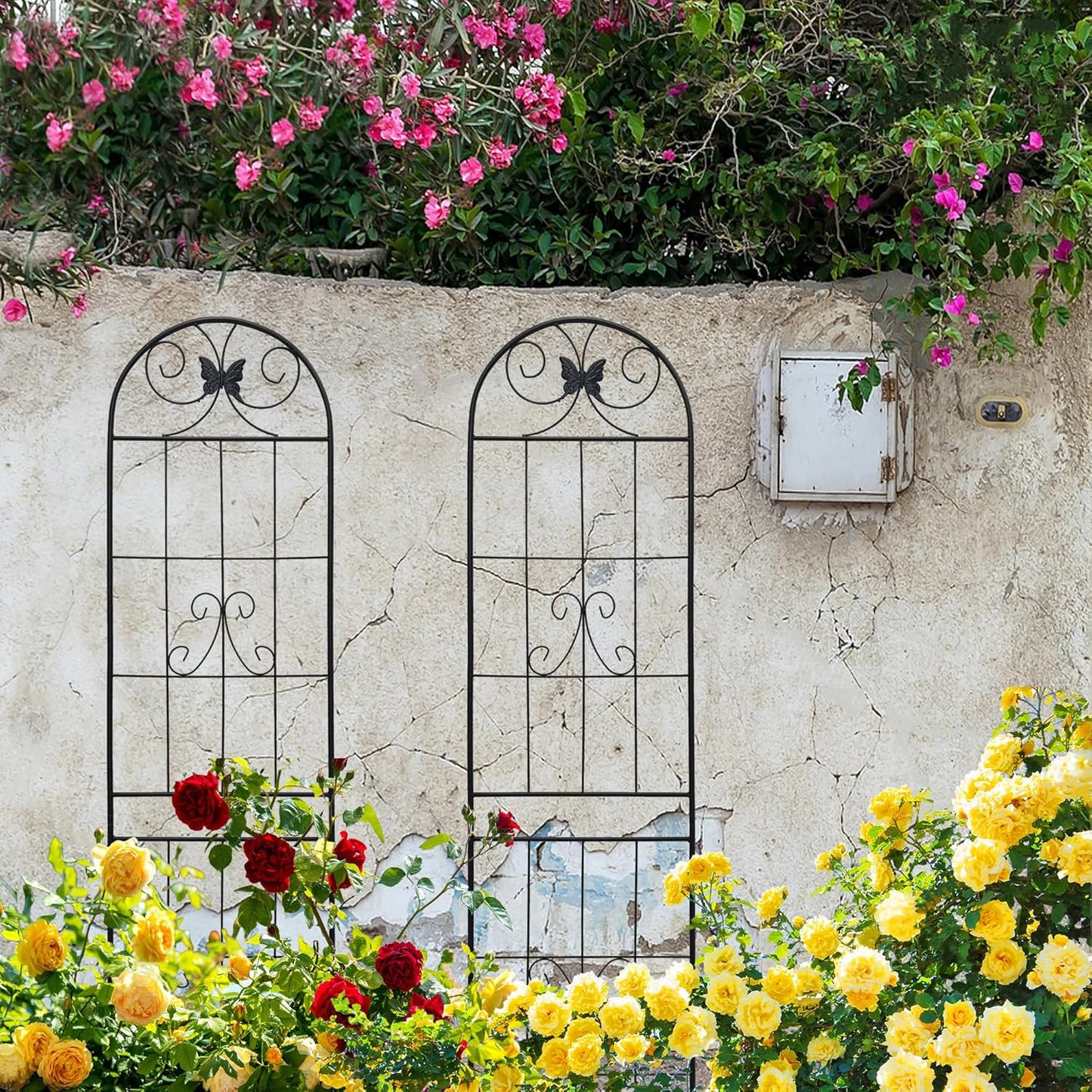 4 Pack Metal Garden Trellis for Climbing Plants, 86.7" Tall Rustproof Outdoor Trellis Panel with Line Butterfly Design, Decorative Black Iron Plant Support for Vine, Rose, Flower, Garden Wall