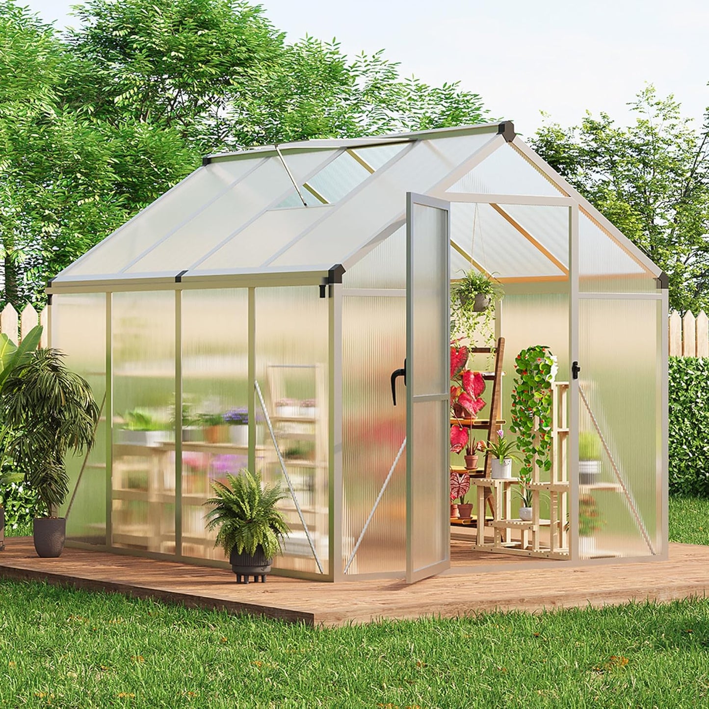 6x8 FT Greenhouse for Outdoors, Polycarbonate Flower Greenhouse with Roof Vent, Push-Pull Lockable Door, Aluminum Walk-in Greenhouses for Outside Garden Backyard, Patio, Lawn, Silver