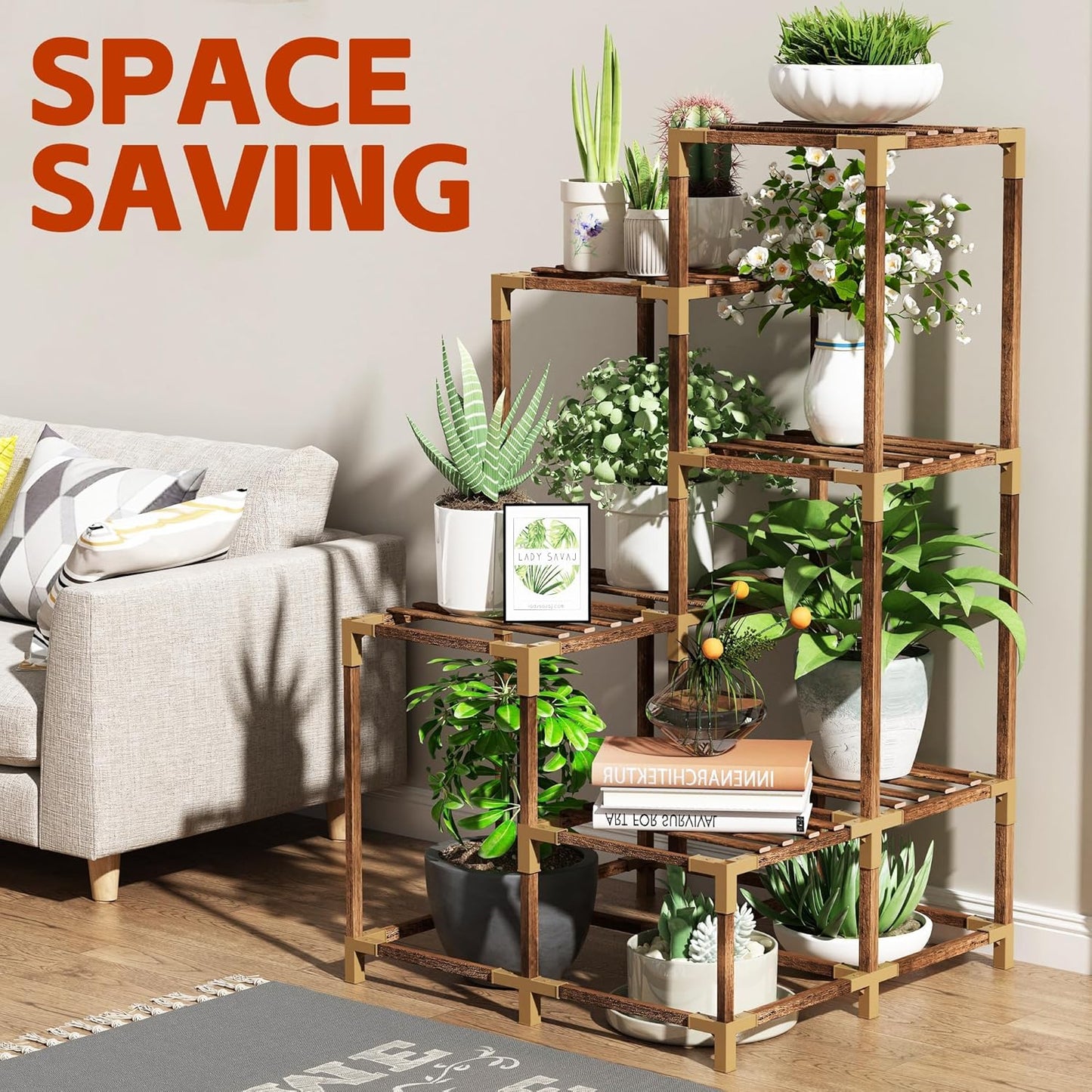 HOMKIRT 11 Tier Corner Plant Stand Indoor with Grow Light, Wood Tiered Tall Plant Shelf Flower Stand for Multiple Plants for Patio Porch Living Room