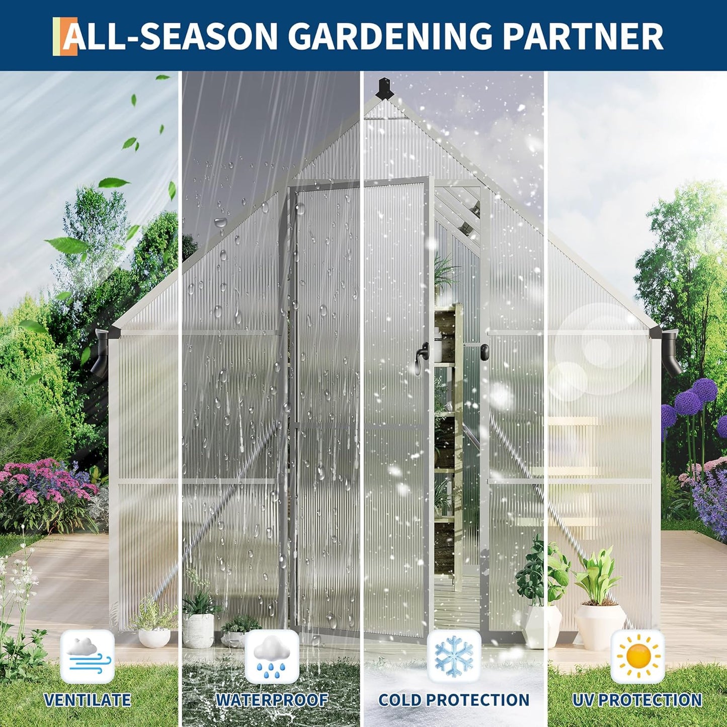 8'X10' Aluminum-Framed Polycarbonate Greenhouse, Heavy Duty Polycarbonate Greenhouse with Quick Setup Structure and Roof Vent, Large Enhanced Aluminum Greenhouses Kit for Outdoors