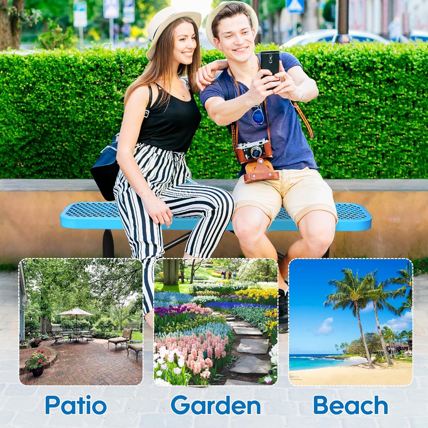 6 Feet Heavy Duty Metal Park Bench for Outside, Outdoor Bench with Portable Frame, Commercial Benches for Shopping Mall, Store, Park, Patio, Deck, Blue