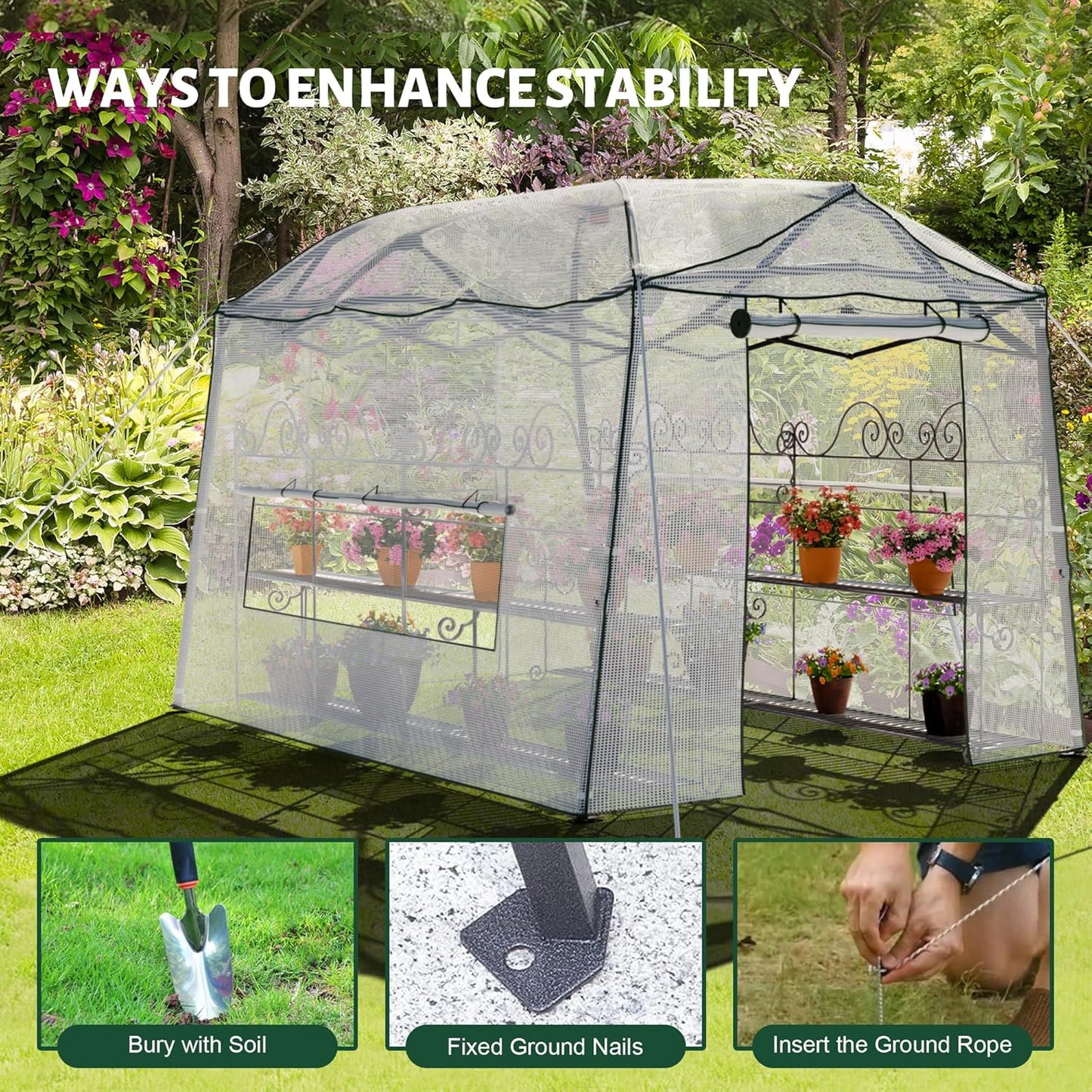 8.5 x 7 FT Walk-in Greenhouse, Portable Pop-up Green House 3 Adjustable Hights Heavy Duty Plant Gardening Canopy with Durable PE Cover for Indoor Outdoor (Clear and White)