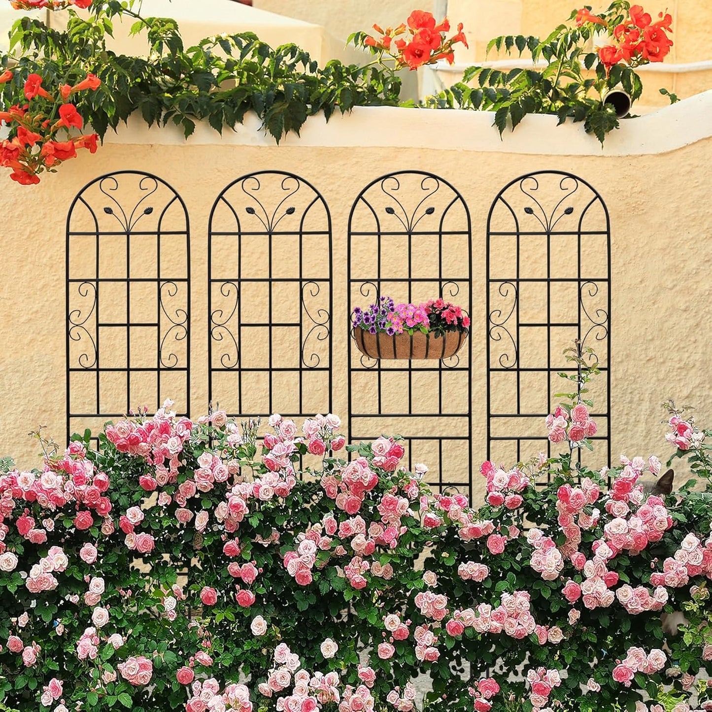 6 Pack Metal Garden Trellis 86.7" Tall Outdoor Climbing Plant Support for Roses, Flowers, Rustproof Durable Black Galvanized Tube, Lawn Garden Fence Decor Screen, 86.7" H