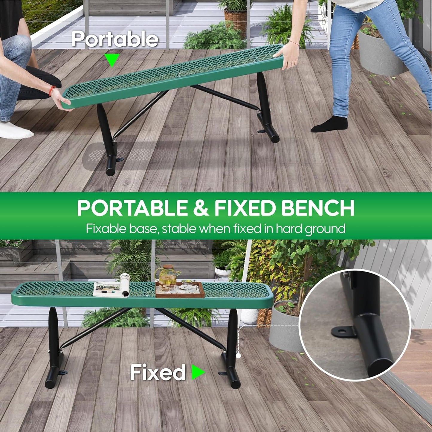 4 Feet Heavy Duty Metal Park Bench for Outside, Outdoor Bench with Portable Frame, Commercial Benches for Shopping Mall, Store, Park, Patio, Deck, Green