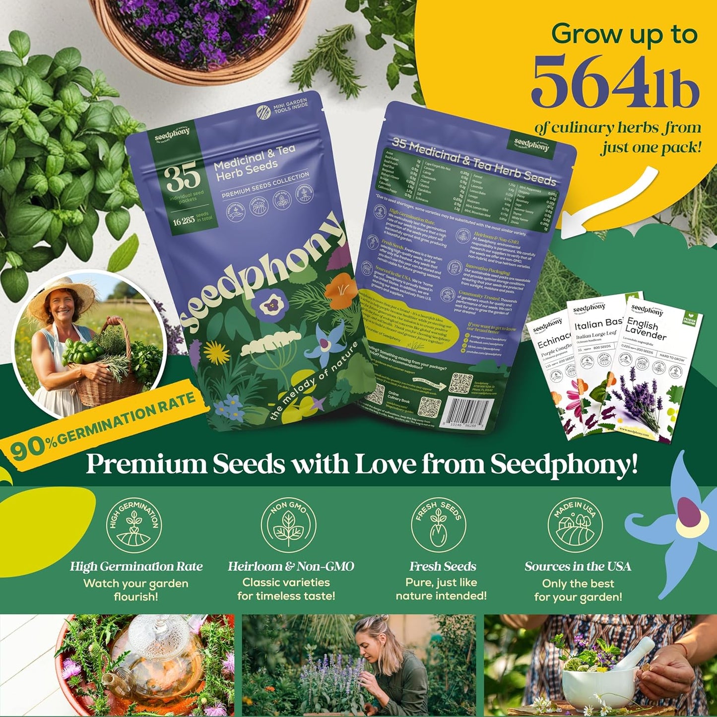 35 Medicinal & Tea Herb Seeds Variety Pack - 16,285+ Non-GMO Heirloom Herbs Seeds for Planting Indoor & Outdoor: Lavender, Rosemary, Echinacea, Mint, Catnip, Basil - Gardening Seed Packets
