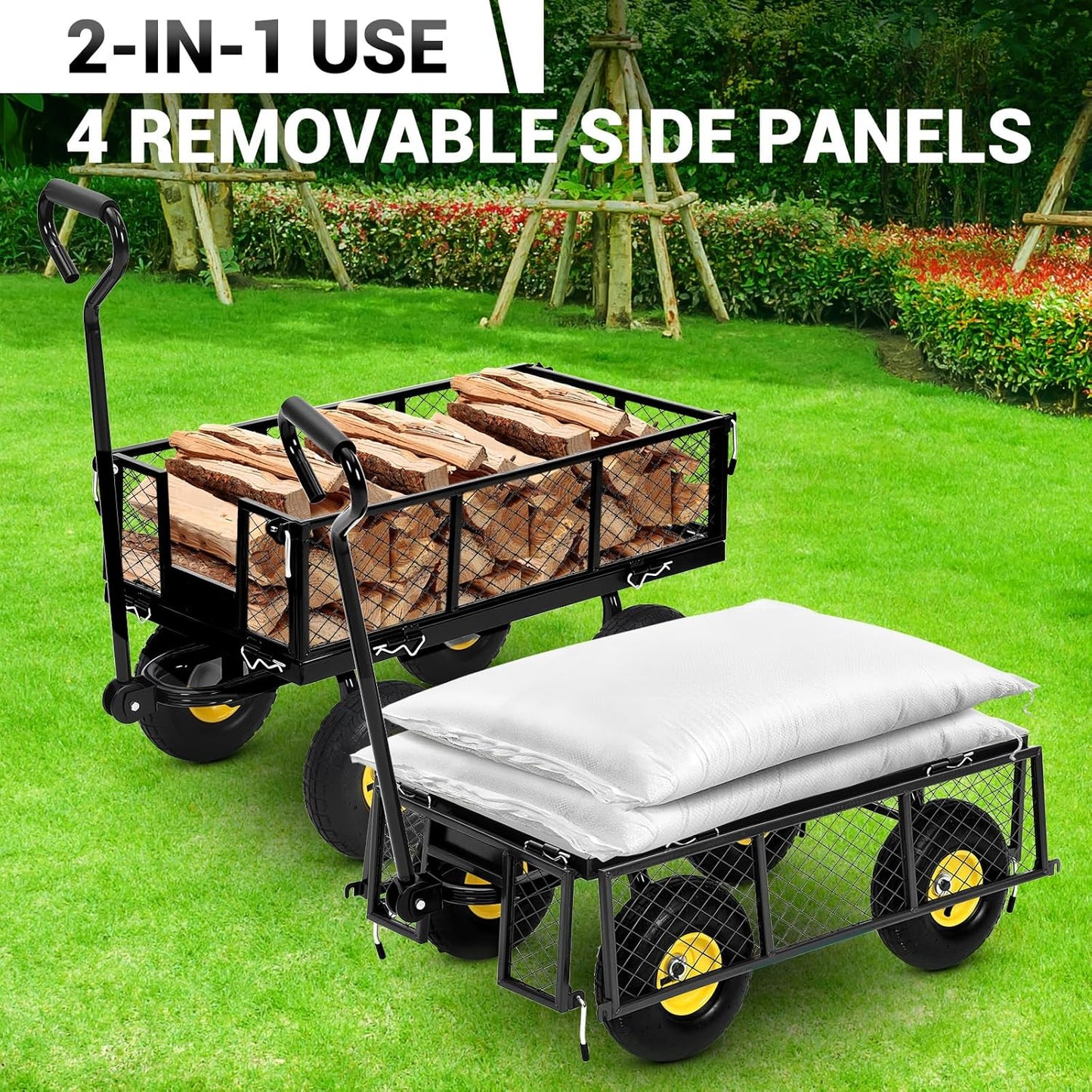 900 Lbs Steel Garden Cart. Heavy Duty Metal Garden Wagon with 10" Wheels, Pullable Metal Garden Wagon with 180° Rotating Handle and Removable Sides for Farm, Yard