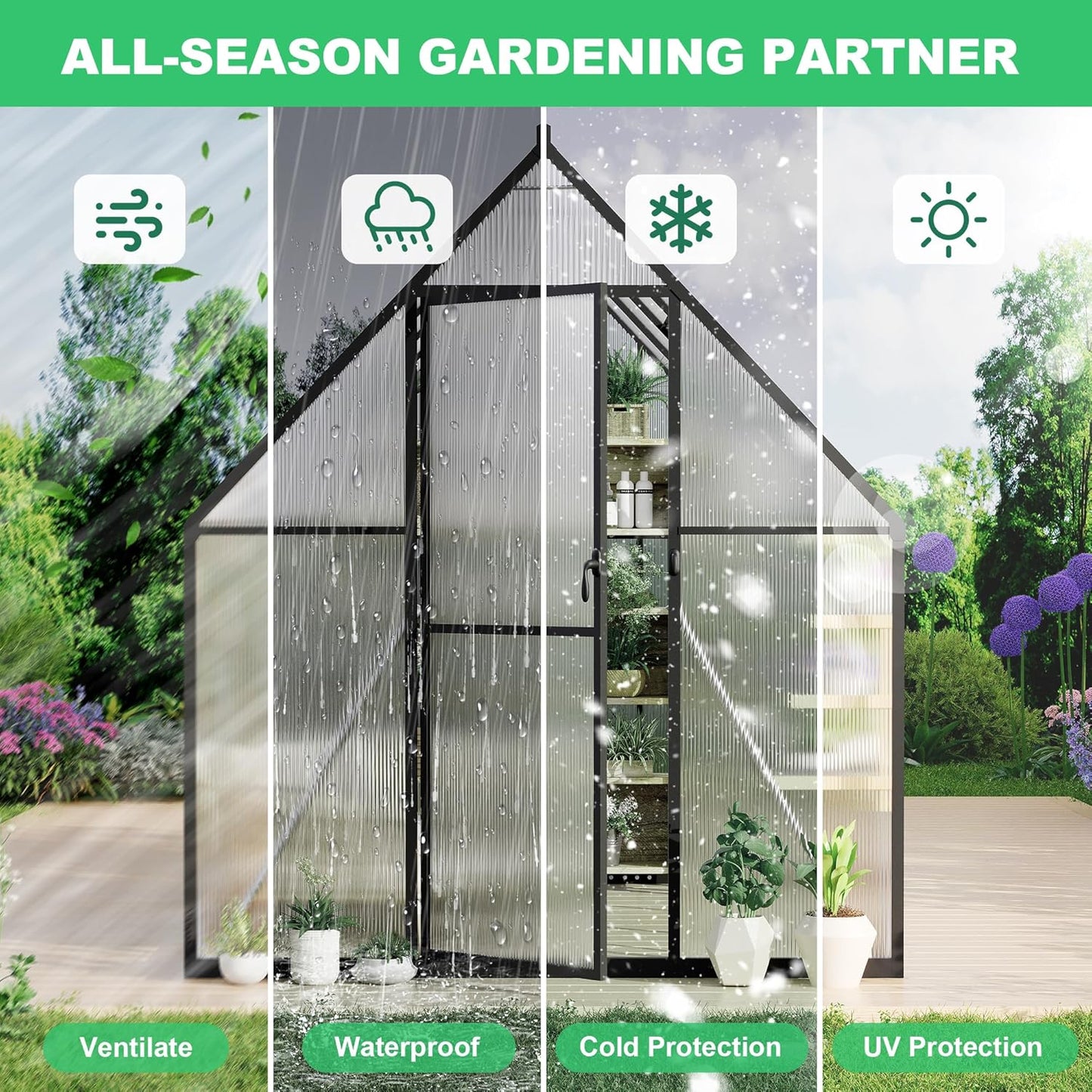 6'x9' Aluminum-Framed Polycarbonate Greenhouse, Heavy Duty Polycarbonate Greenhouse with Quick Setup Structure and Roof Vent, Large Enhanced Aluminum GreenhouseKit for Outdoors